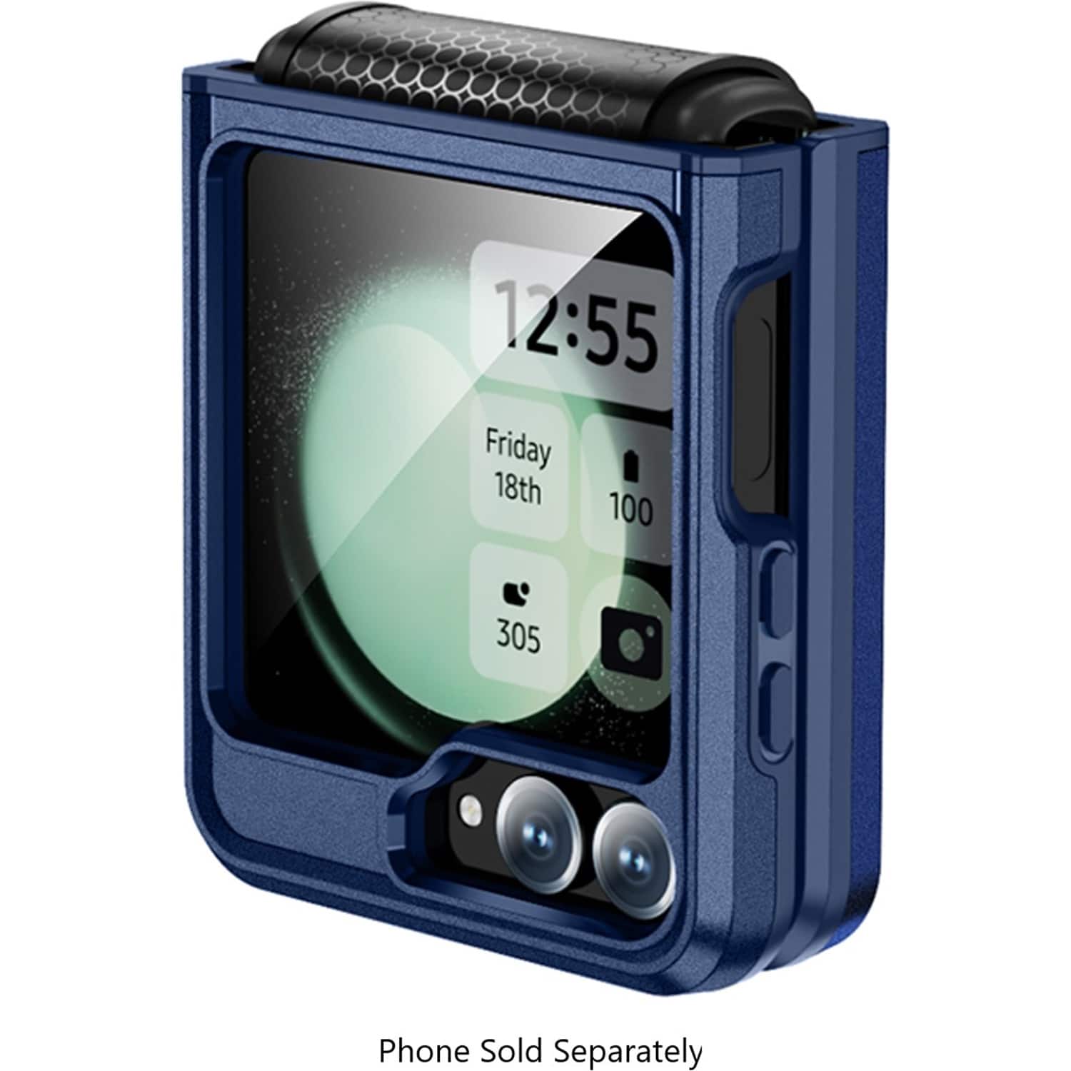 The image shows a blue case with a screen displaying the time of 12:55 and the date of Friday 18th. The case is described as a phone case, and it is being sold separately.