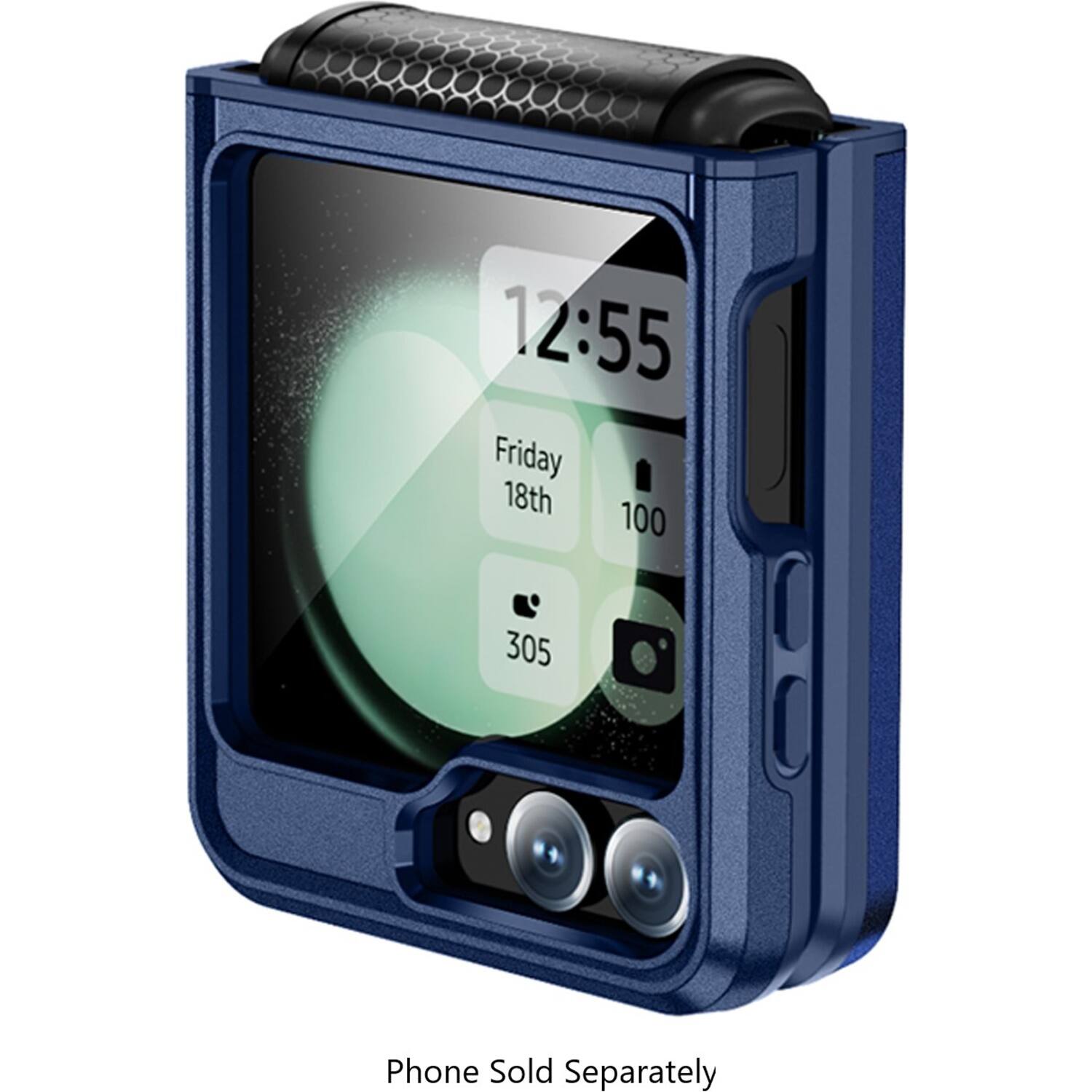 The image shows a blue case with a screen displaying the time of 12:55 and the date of Friday 18th. The case is described as a phone case, and it is being sold separately.