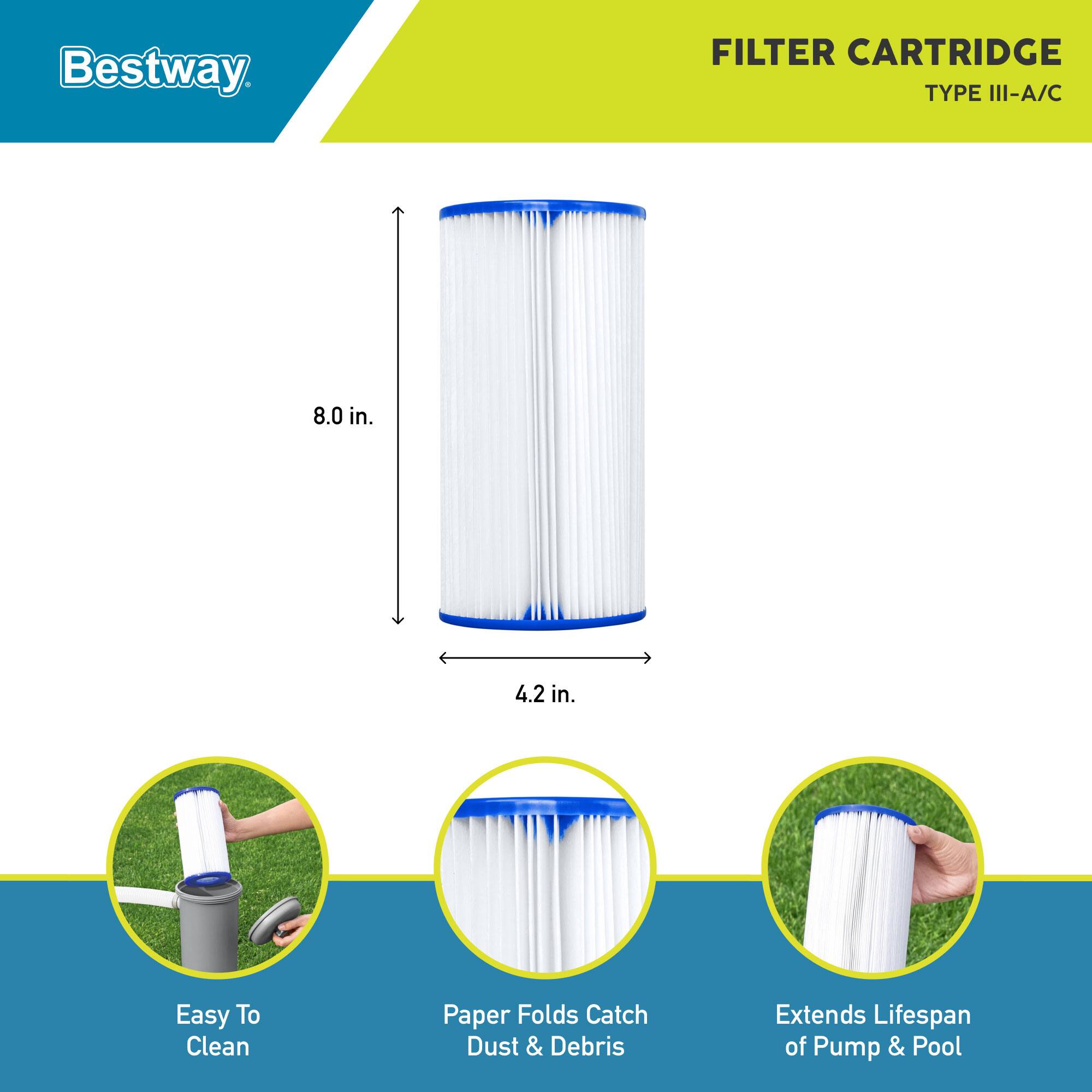 Bestway FILTER CARTRIDGE TYPE III-A/C

8.0 in. x 4.2 in.

- Easy To Clean
- Paper Folds Catch Dust & Debris
- Extends Lifespan of Pump & Pool