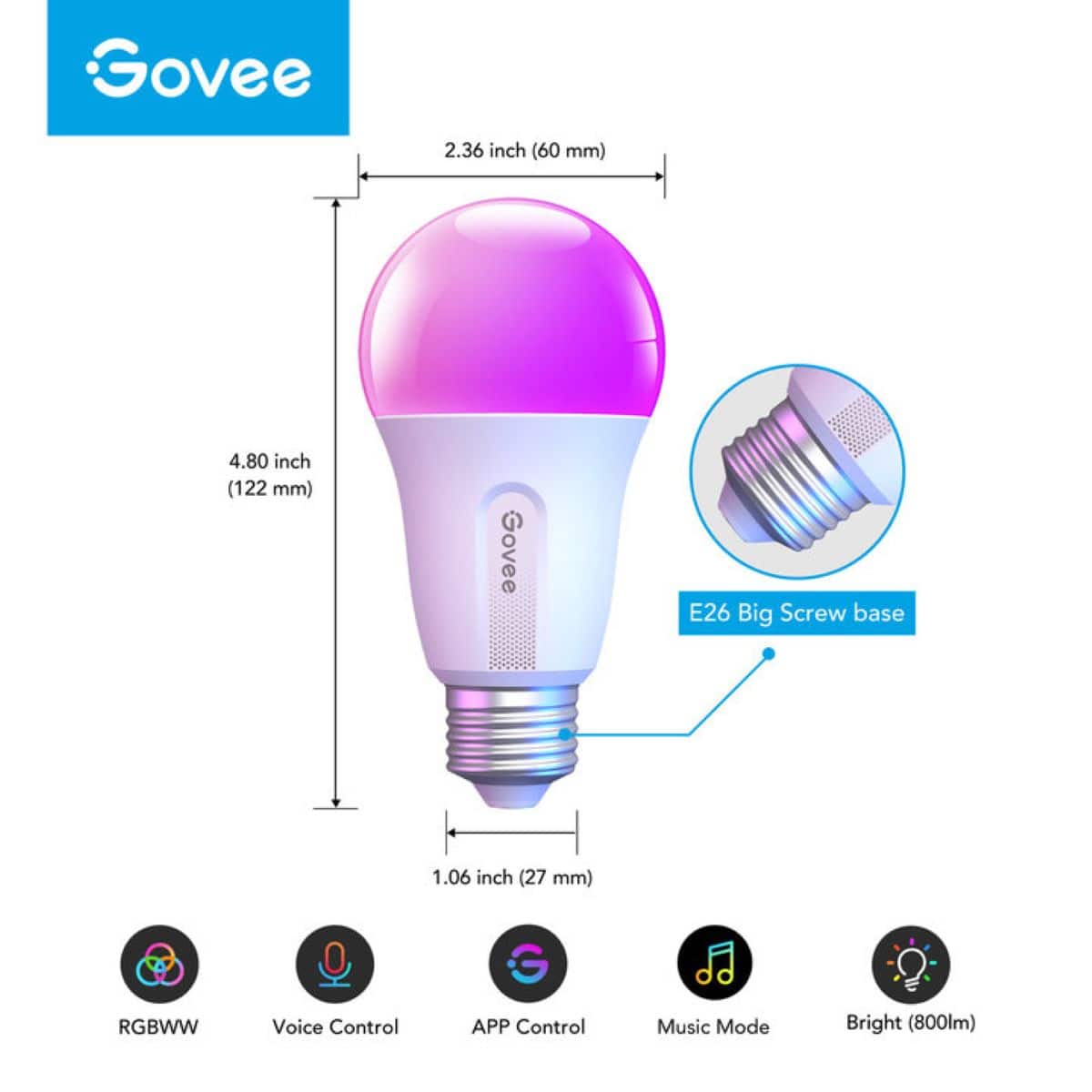 Govee E26 Big Screw base 2.36 inch (60 mm) 4.80 inch (122 mm) RGBWW Voice Control APP Control Music Mode Bright (800lm)