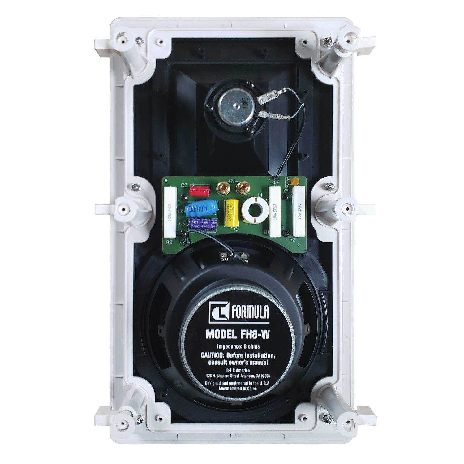 Sure, here is the corrected and grouped text from the image:

---

**FORMULA**  
MODEL: FH8-W  
Impedance: 8 ohms  
CAUTION: Before Installation, consult owner's manual  
105 & Shepard Street  
Anaheim, CA 92806  
Designed and engineered in the U.S.A.  
Manufactured in China  

---

**Circuit Board Labels:**  
- R3  
- C2  
- 024mn  
- C3  
- na nH +N-  
- 0 C 1 HT Psesmot F 7 42  

---

**Additional Text on the Circuit Board:**  
- 105 & Shepard Street  
- Anaheim, CA 92806  
- Designed and engineered in the U.S.A.  
- Manufactured in China  

---