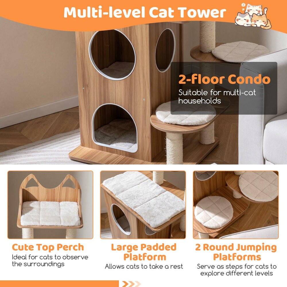 Multi-level Cat Tower

- 2-Floor Condo
  - Suitable for multi-cat households

- Cute Top Perch
  - Ideal for cats to observe the surroundings

- Large Padded Platform
  - Allows cats to take a rest

- 2 Round Jumping Platforms
  - Serve as steps for cats to explore different levels