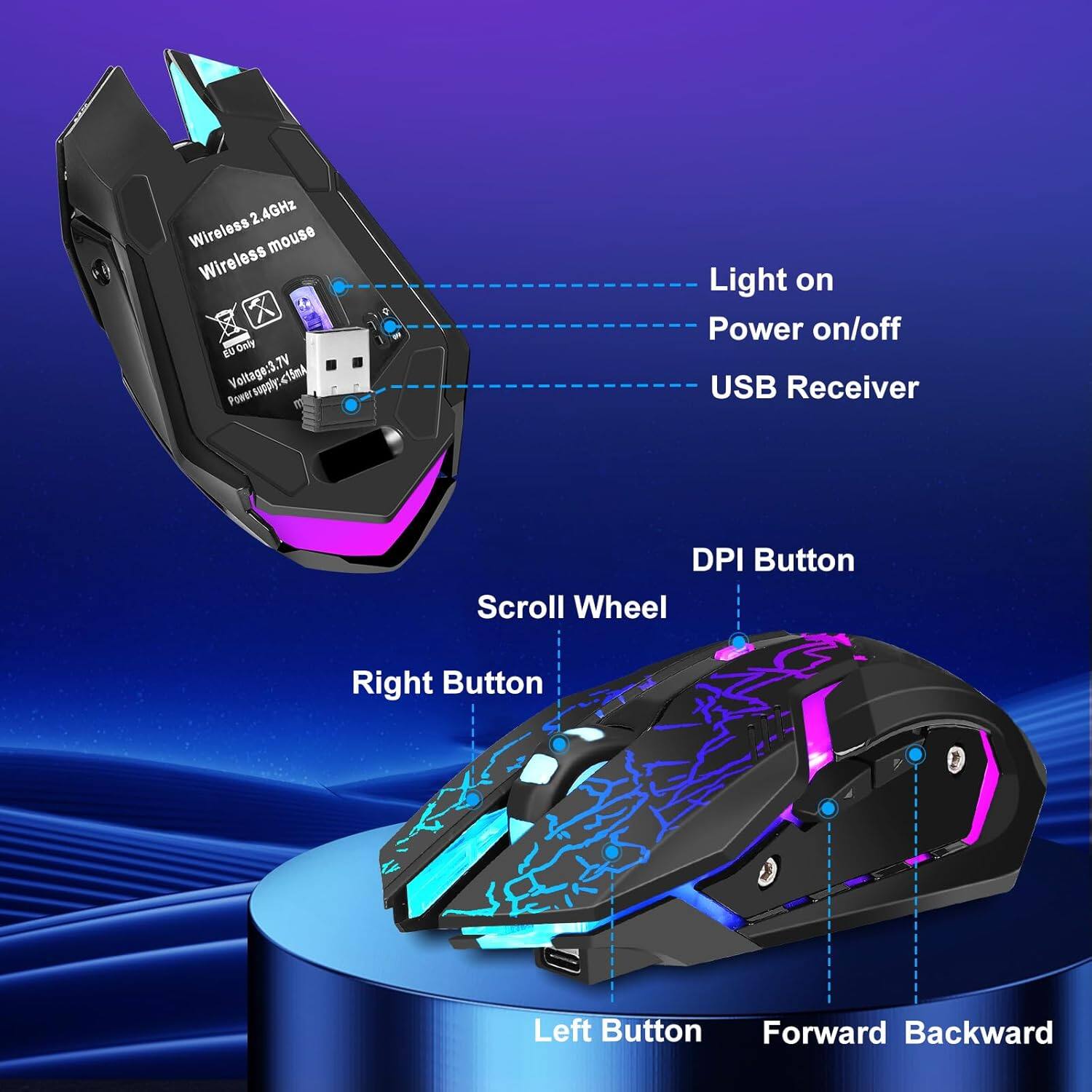 2.4GHz Wireless mouse  
Wireless only  
Voltage: 3.7V  
Power supply: 15mA  

- Light on  
- Power on/off  
- USB Receiver  
- DPI Button  
- Scroll Wheel  
- Right Button  
- Left Button  
- Forward  
- Backward