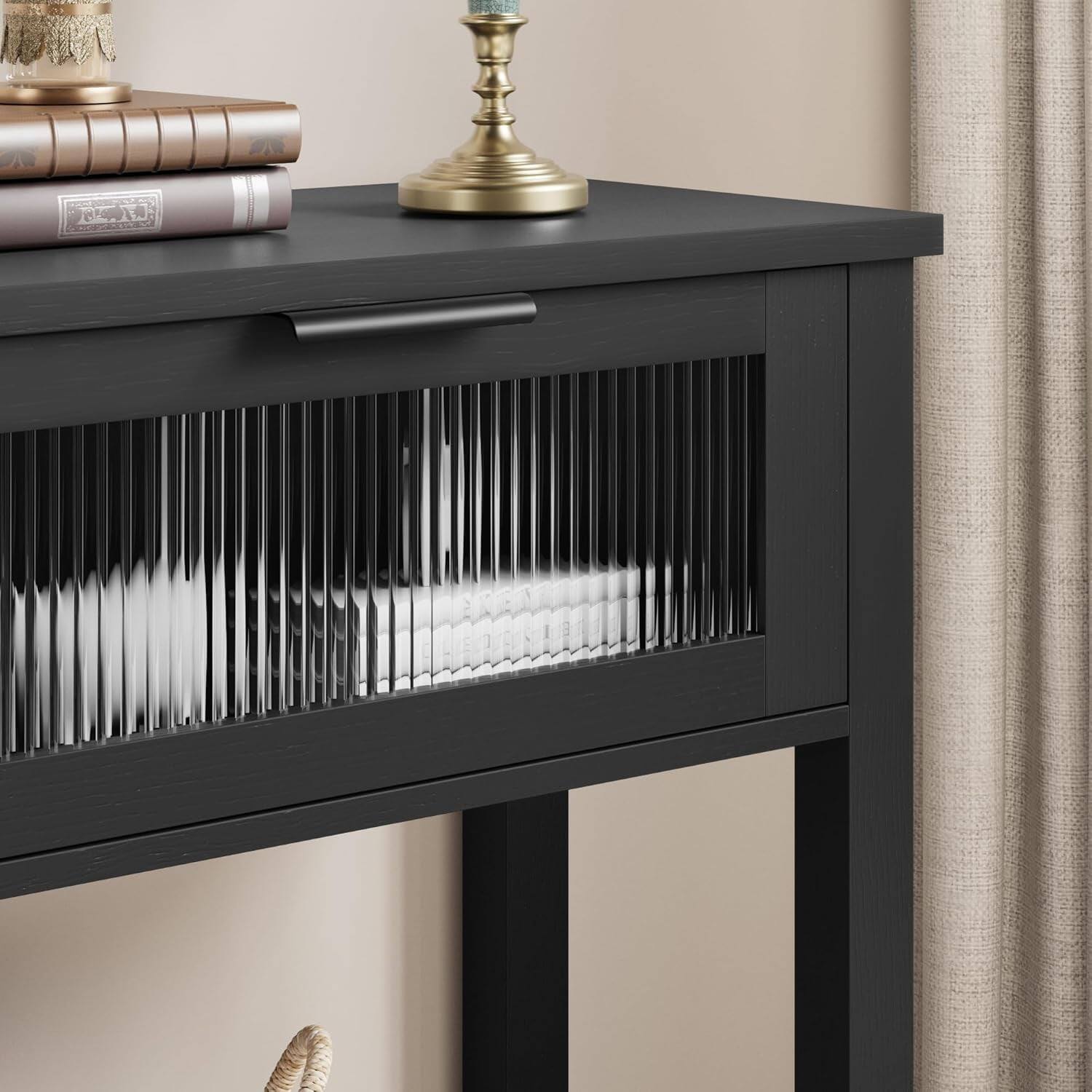 Alt View 4. Electrodes Masters - 2-Tier Entryway Table with Storage - Wood Sofa Table with 2 Glass Drawers, Black - Black.