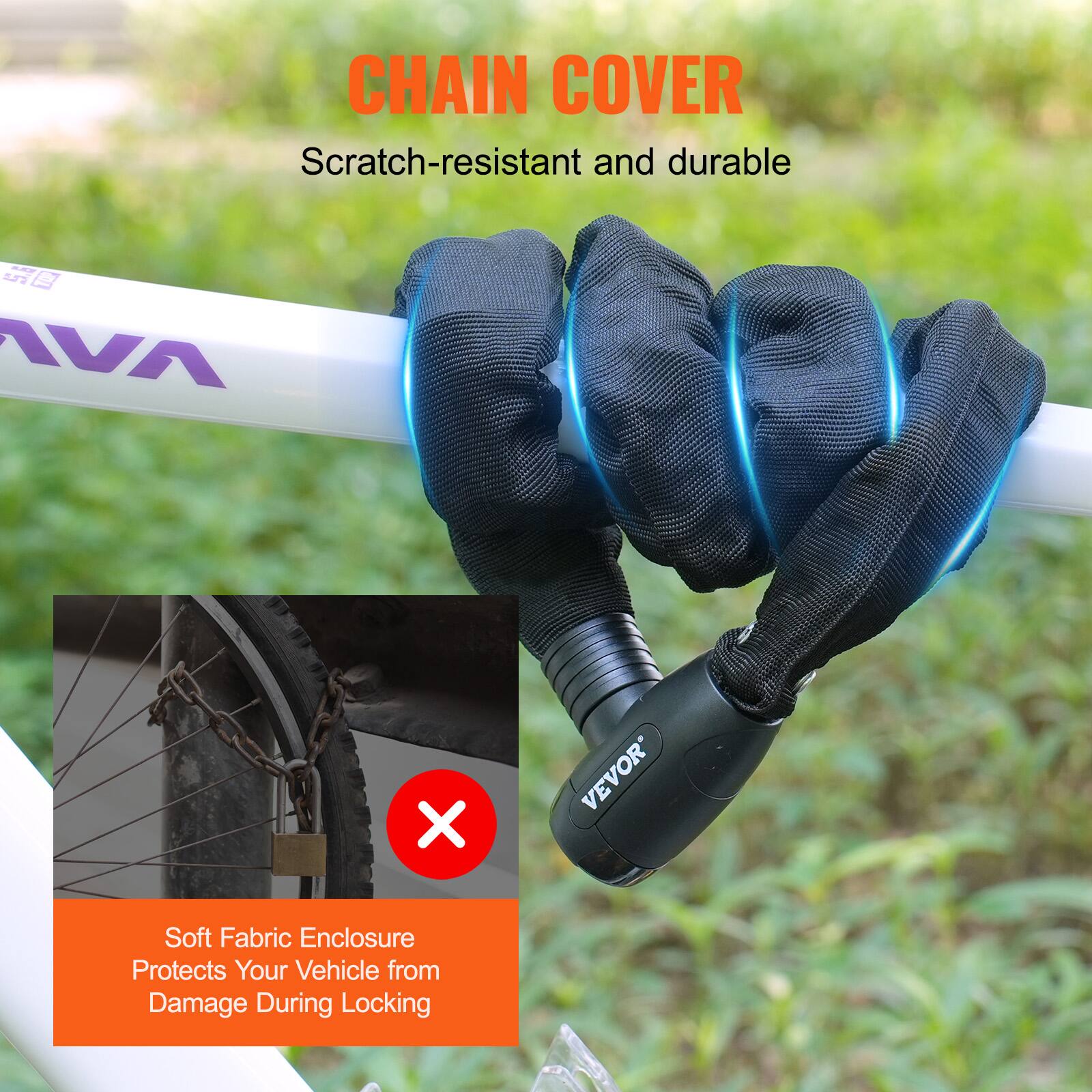 CHAIN COVER  
Scratch-resistant and durable  

Soft Fabric Enclosure  
Protects Your Vehicle from Damage During Locking