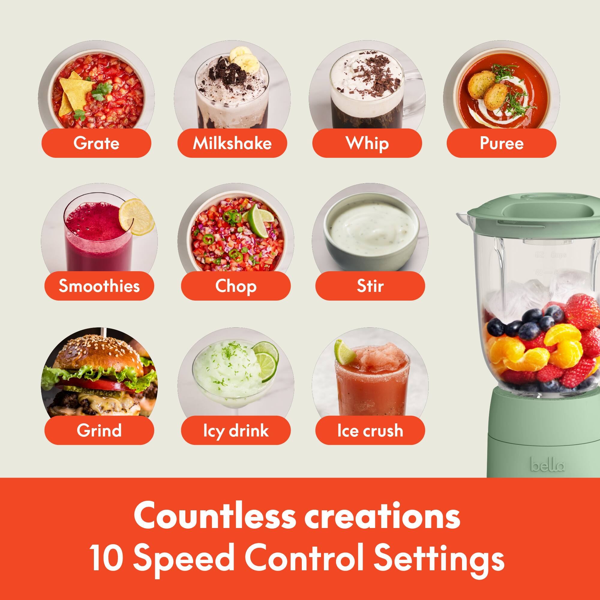 Grate  
Milkshake  
Whip  
Puree  
Smoothies  
Chop  
Stir  
Grind  
Icy drink  
Ice crush  

Countless creations  
10 Speed Control Settings