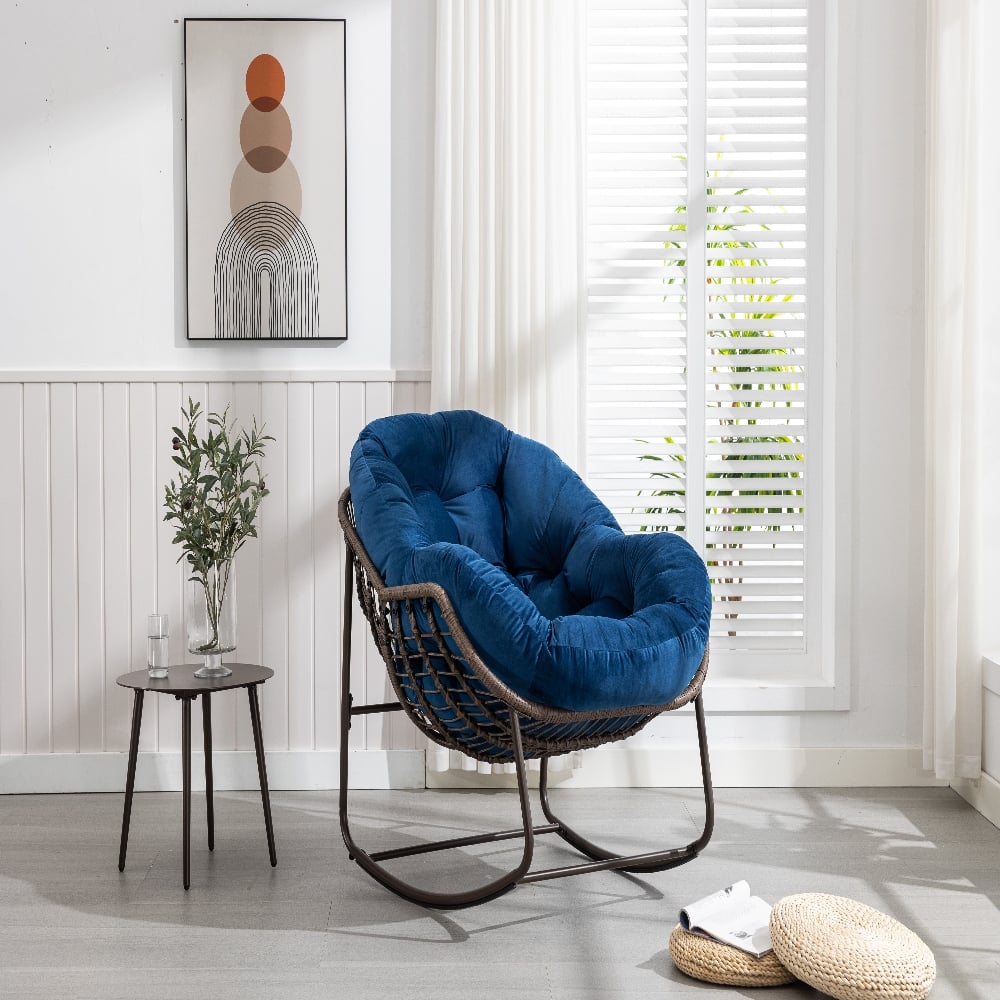 Loheer - Outdoor Rattan Rocking Chair Oversized Egg Chair with Padded Cushion for Patio Front Porch - Navy Blue price history on PriceWatchPro