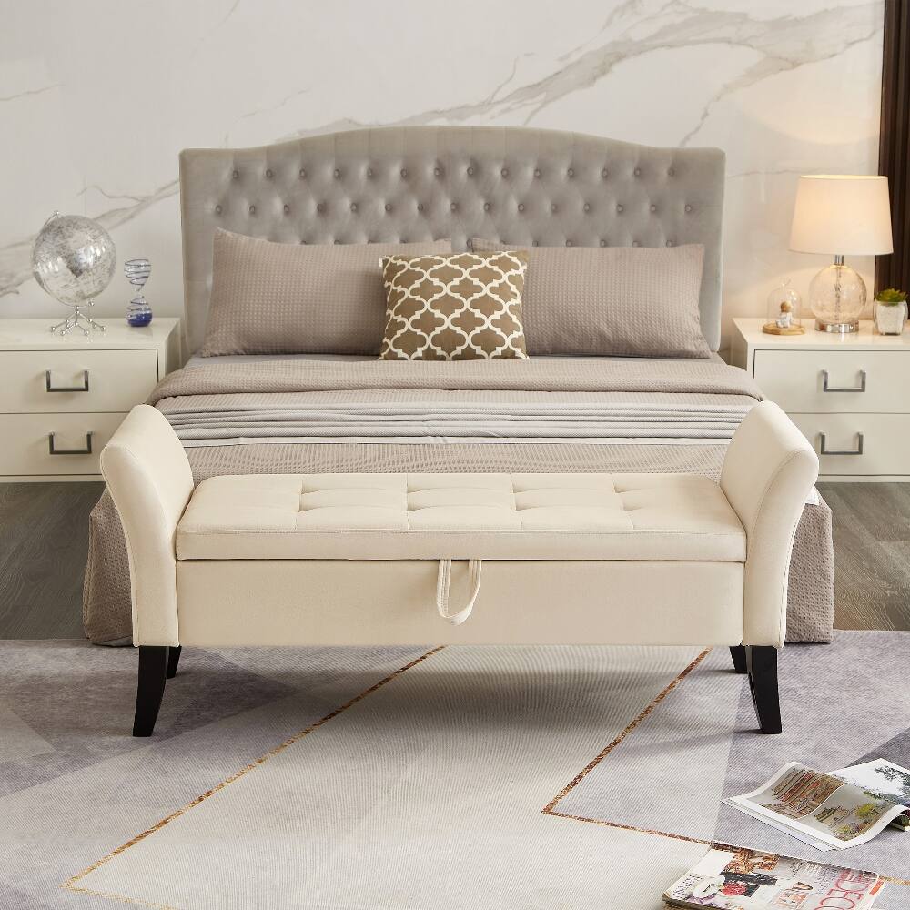 Angle. Ropilly - Ropilly Beige Velvet Tufted Storage Bench with Curved Arms for Bedroom Entryway - Beige.