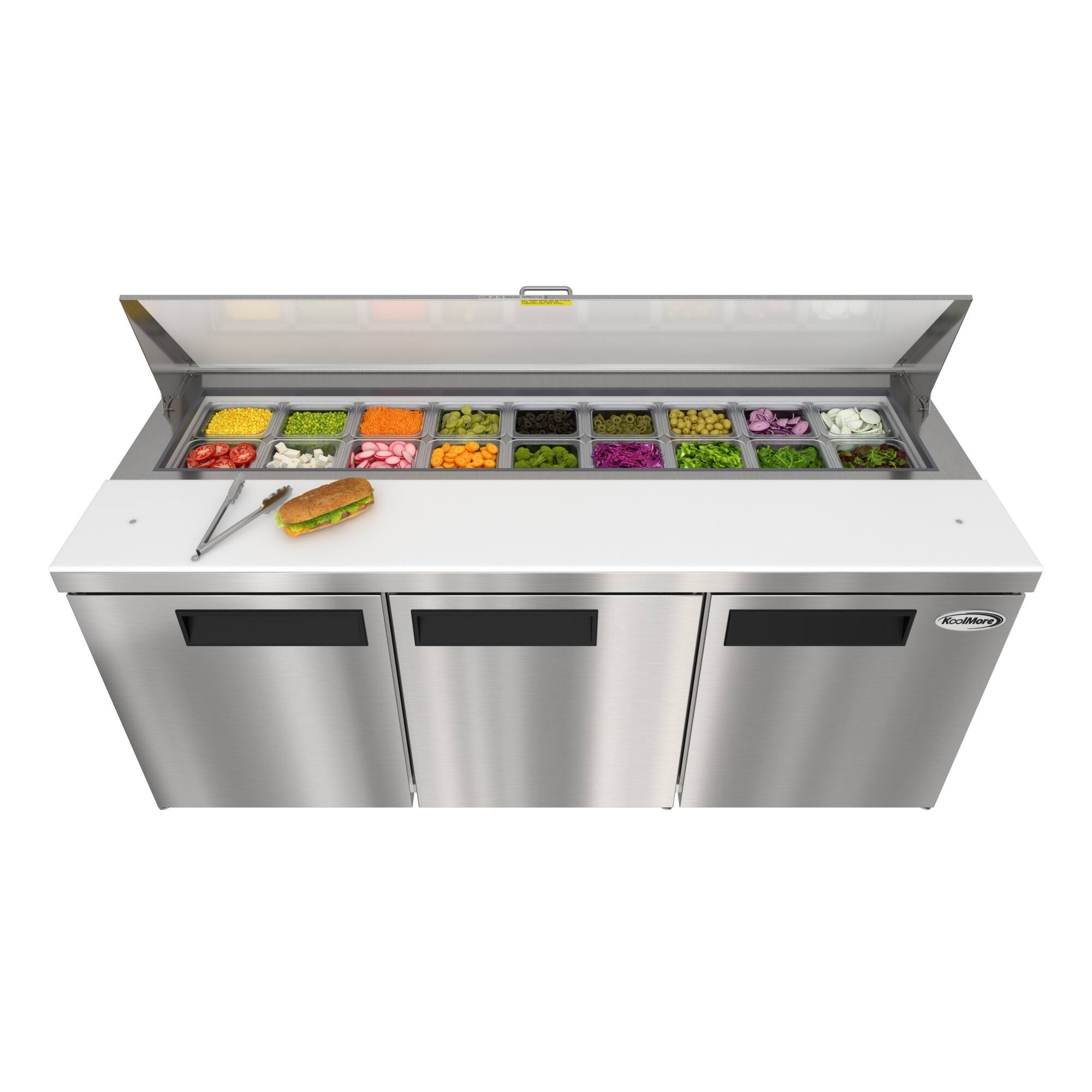 Back. Koolmore - 70 in. Commercial 3-Door Refrigerated Salad and Sandwich Prep Table, 18 Pan Capacity and 22 Cu. Ft. of Storage - Stainless steel.
