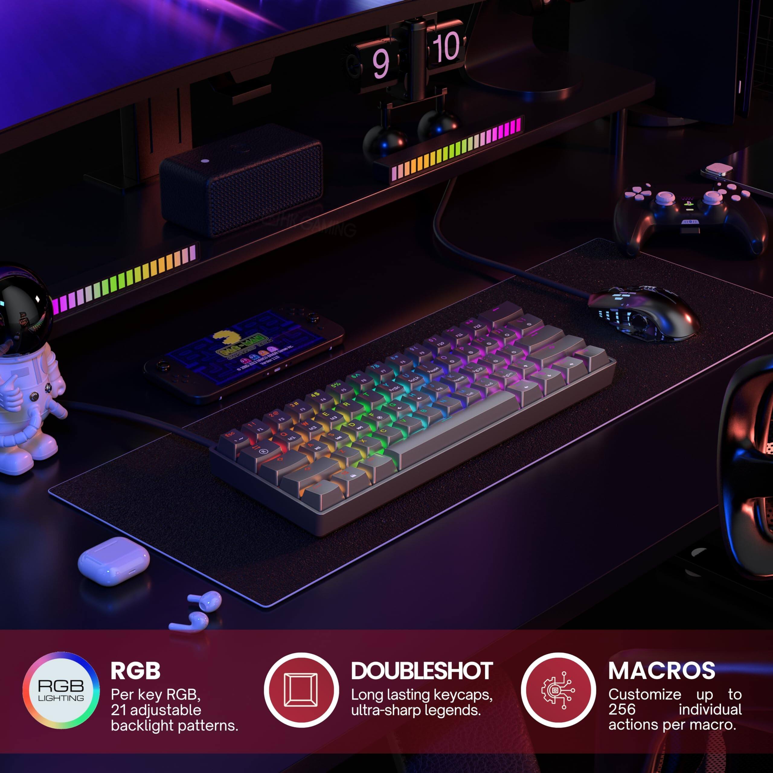 - RGB: Per key RGB, 21 adjustable backlight patterns.
- DOUBLESHOT: Long lasting keycaps, ultra-sharp legends.
- MACROS: Customize up to 256 individual actions per macro.