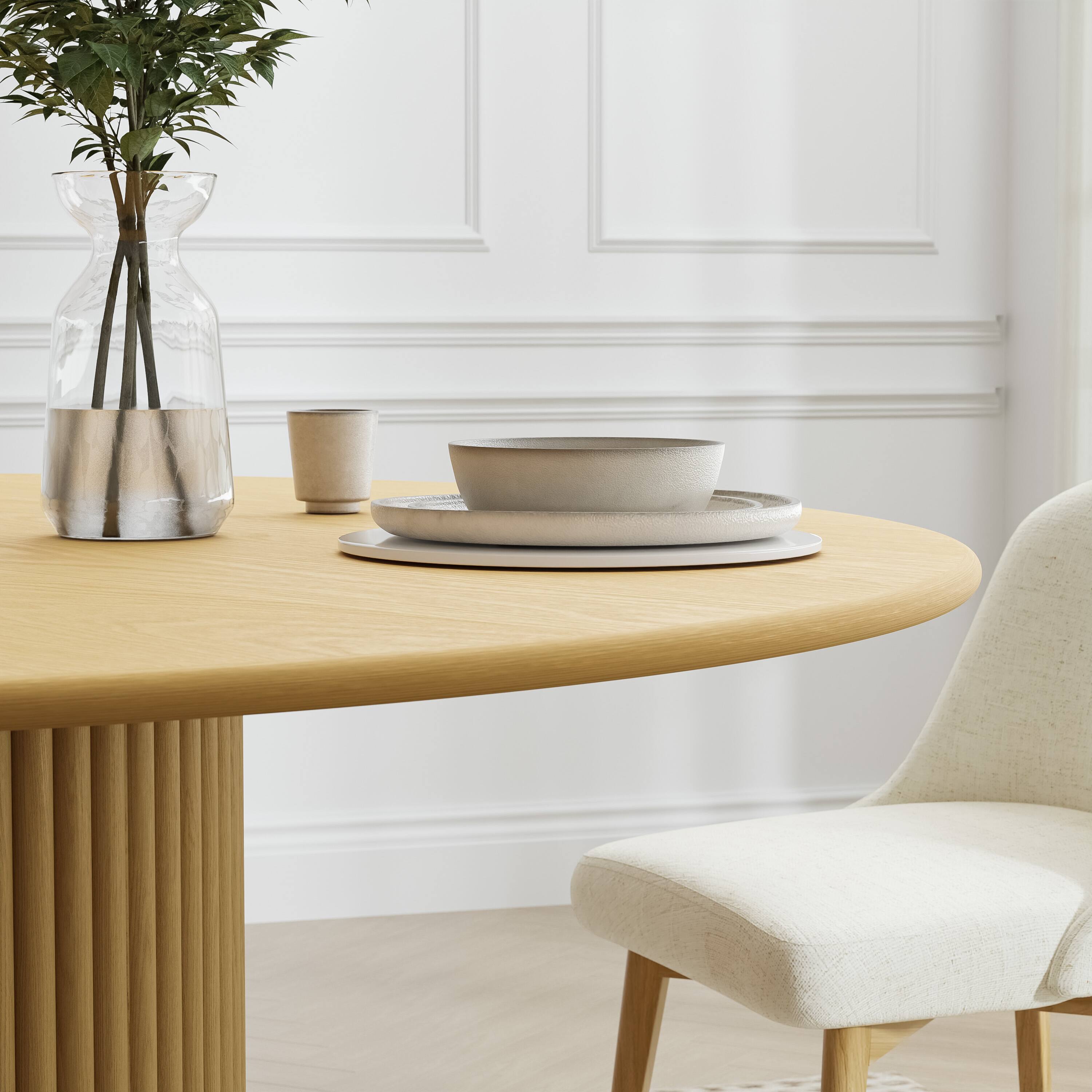 Alt View 4. PexFix - Minimalist Farmhouse Curved Edge Round Solid Oak 46 in. Wide Fluted Base Kitchen & Dining Table Seats 4 - Natural.