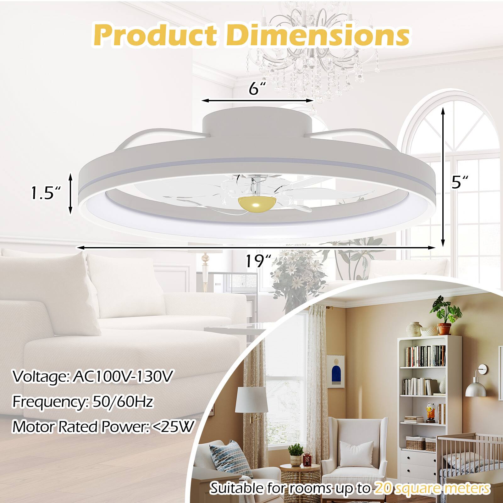 Product Dimensions:  
6" x 1.5" x 5" x 19"

Voltage: AC100V-130V  
Frequency: 50/60Hz  
Motor Rated Power: <25W  
Suitable for rooms up to 20 square meters
