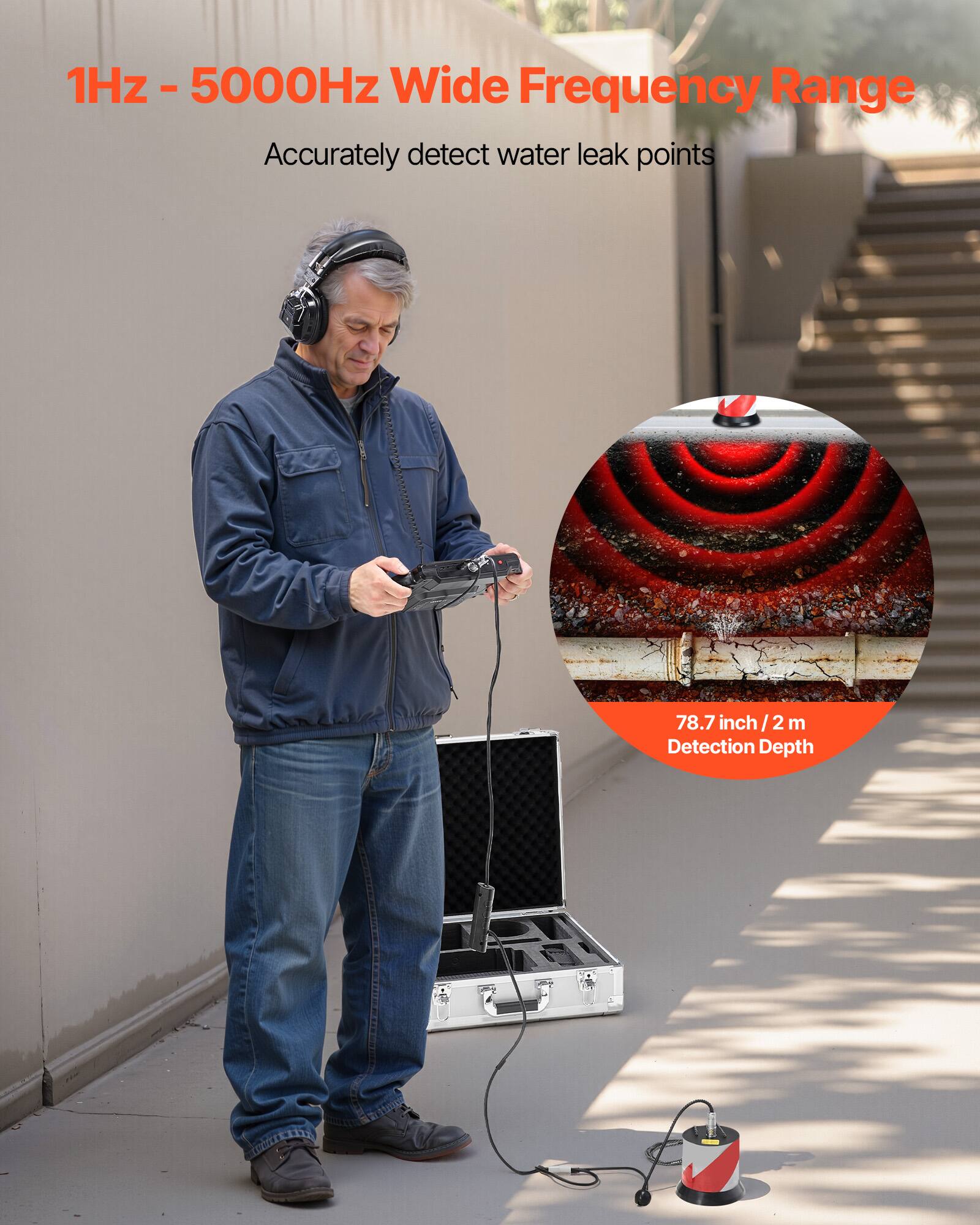 1Hz - 5000Hz Wide Frequency Range  
Accurately detect water leak points  
78.7 inch / 2 m Detection Depth