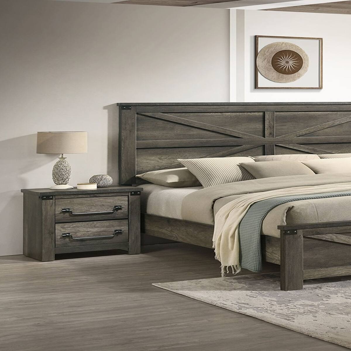 Angle. Loheer - Loheer Rustic Gray Farmhouse Nightstand, Two Drawer Bedside Table with Metal Accents - Gray.