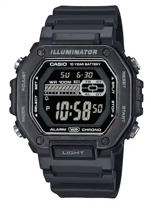 ILLUMINATOR
CASIO 10 YEAR BATTERY
WR 100M
50 6-30
TR ST
1 5 10 AL DT
P 50 10:58
ALARM WR CHRONO
SPLIT STOP RESET START LIGHT
