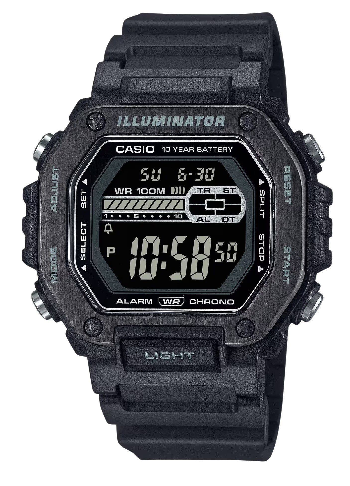 ILLUMINATOR  
CASIO 10 YEAR BATTERY  
WR 100M  
50 6-30  
TR ST  
1 5 10 AL DT  
P 50 10:58  
ALARM WR CHRONO  
SPLIT STOP RESET START LIGHT