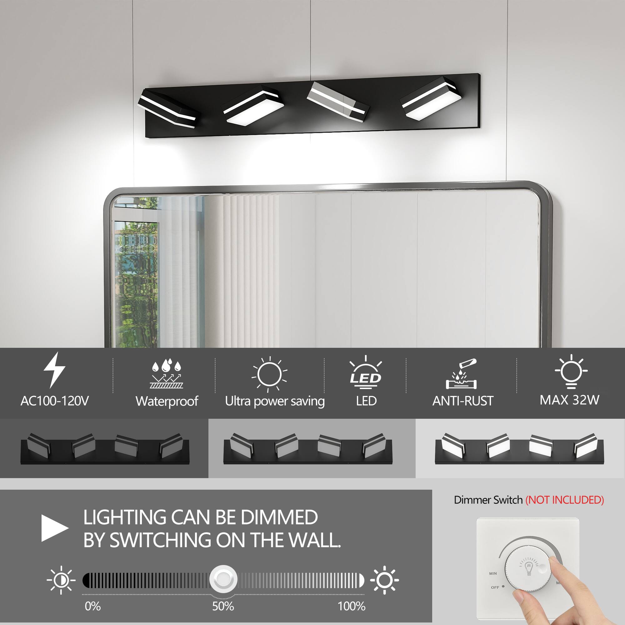 AC100-120V Waterproof Ultra power saving LED LED ANTI-RUST MAX 32W LIGHTING CAN BE DIMMED BY SWITCHING ON THE WALL. Dimmer Switch (NOT INCLUDED) N 0% 50% 100%