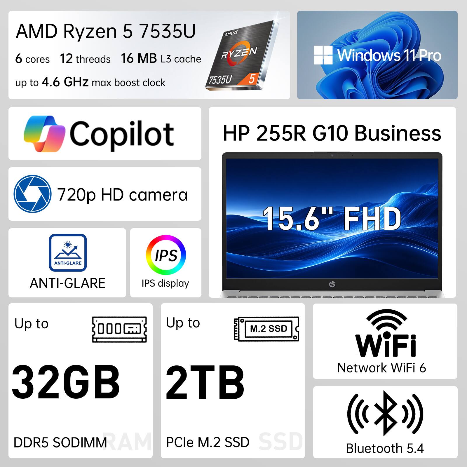 AMD Ryzen 5 7535U  
6 cores 12 threads 16 MB L3 cache  
up to 4.6 GHz max boost clock  

Windows 11 Pro  

Copilot  

HP 255R G10 Business  

720p HD camera  

15.6" FHD  
ANTI-GLARE  
IPS display  

Up to 32GB DDR5 SODIMM RAM  
Up to 2TB PCIe M.2 SSD  

WiFi Network WiFi 6  
Bluetooth 5.4
