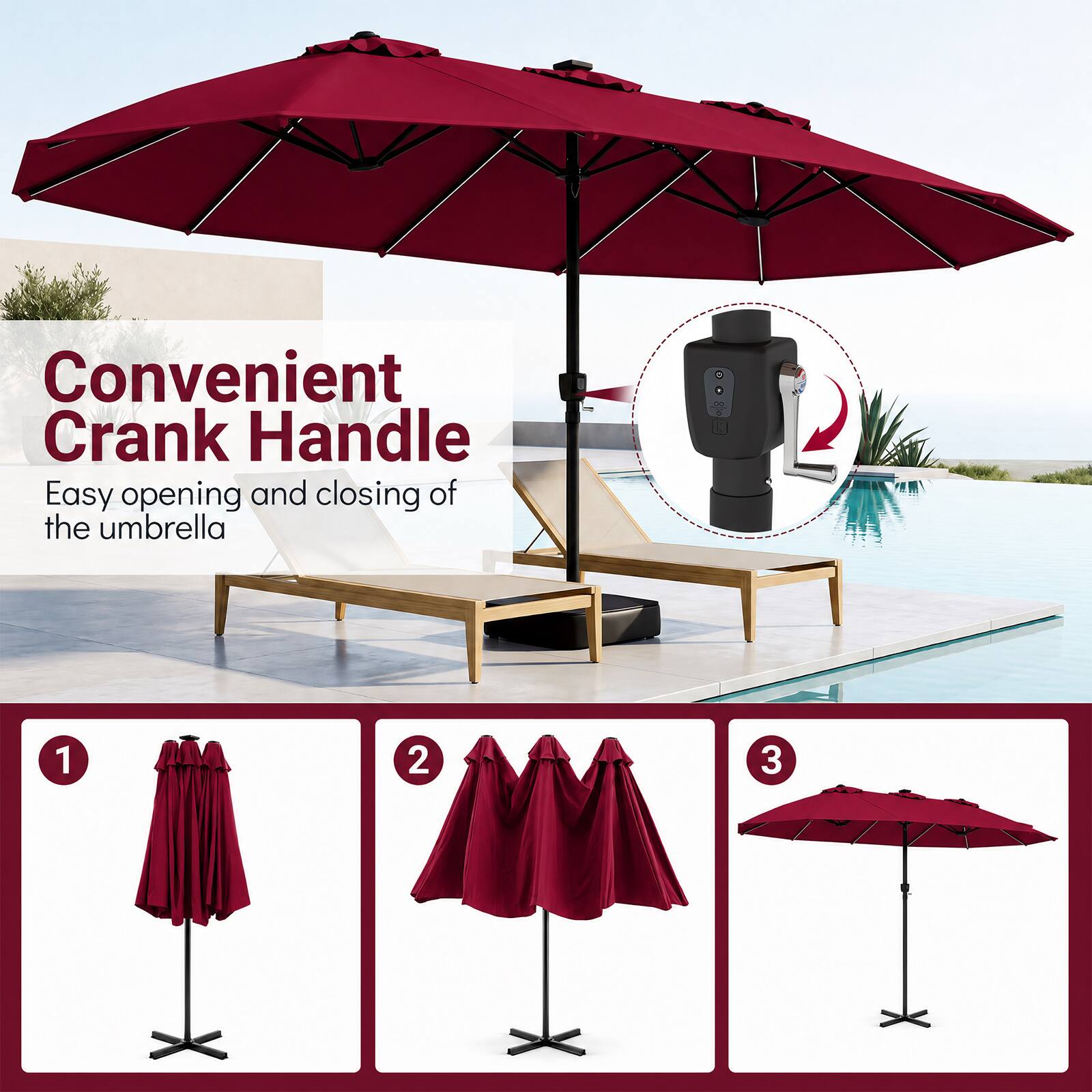 Convenient Crank Handle  
Easy opening and closing of the umbrella  
1 2 3