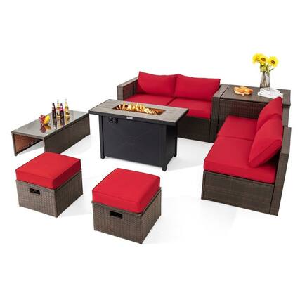 Front. Pefilos - 9 Pieces Outdoor Patio Furniture Set with 42 Inch Propane Fire Pit Table-Red, Wicker Furniture Conversation Sets - Red.