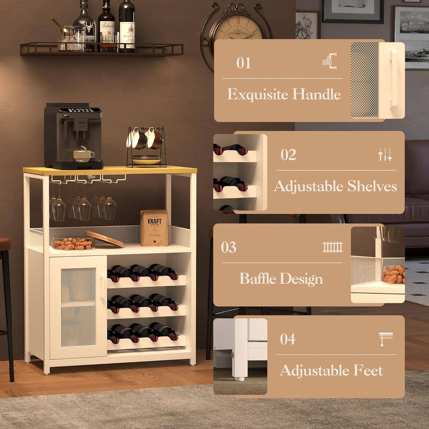 01 Exquisite Handle  
02 Adjustable Shelves  
03 Baffle Design  
04 Adjustable Feet