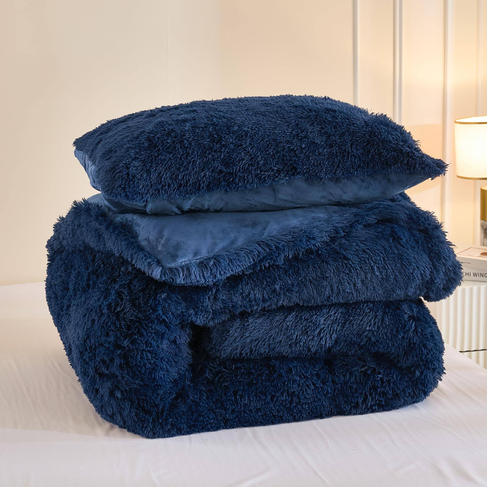 Alt View 5. PARKER SLATER - Fluffy Navy Blue Comforter Set King Size 3 Pieces Winter Faux Warm Soft Fuzzy Plush Bedding (1 & 2 Pillowcases)... - 05 - Dark Grey-King (104*90 in).