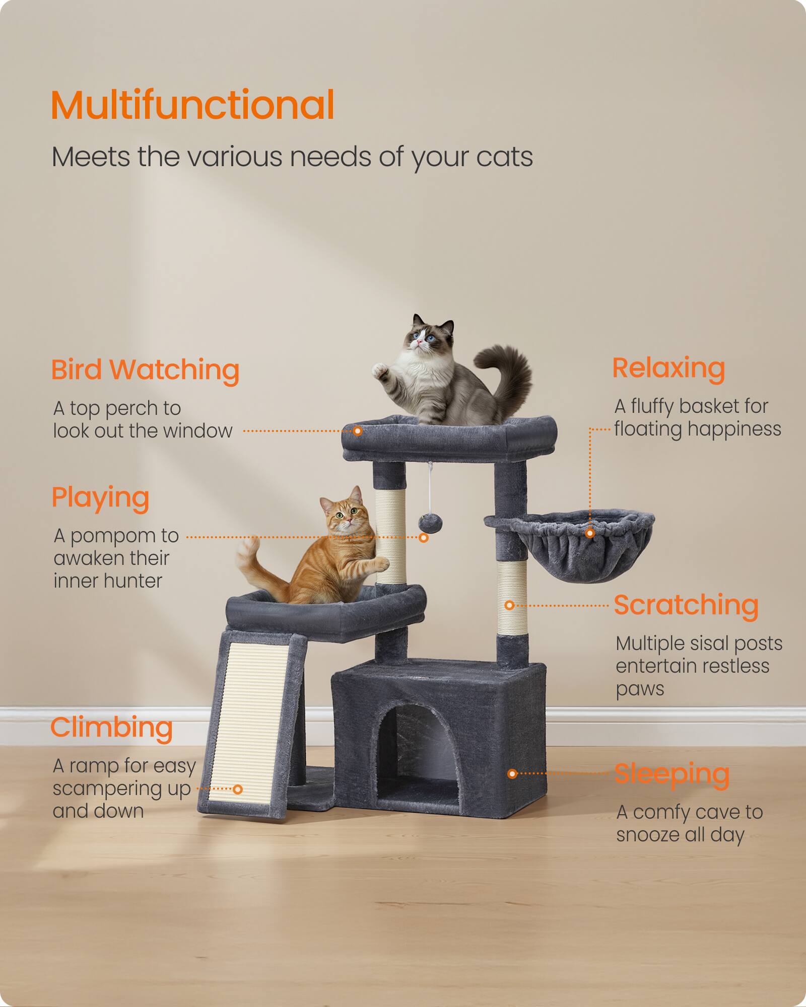 Songmics Home Cat Tree, Cat Tower Condo with Scratching Posts and Ramp ...