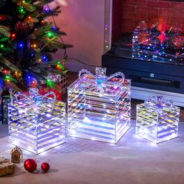 Costway - 3 PCS Christmas Lighted Gift Boxes Pre-lit 90 LED Light Up Present Box Decorations - White