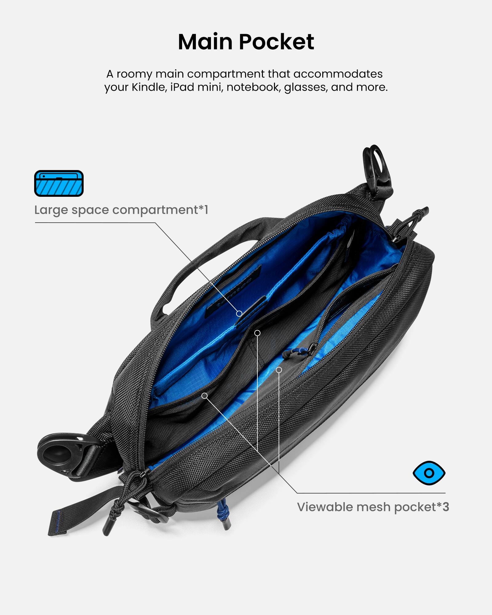 The image features a backpack with a roomy main compartment that can accommodate a Kindle, iPad mini, notebook, glasses, and more. The backpack also has a large space compartment and a viewable mesh pocket.