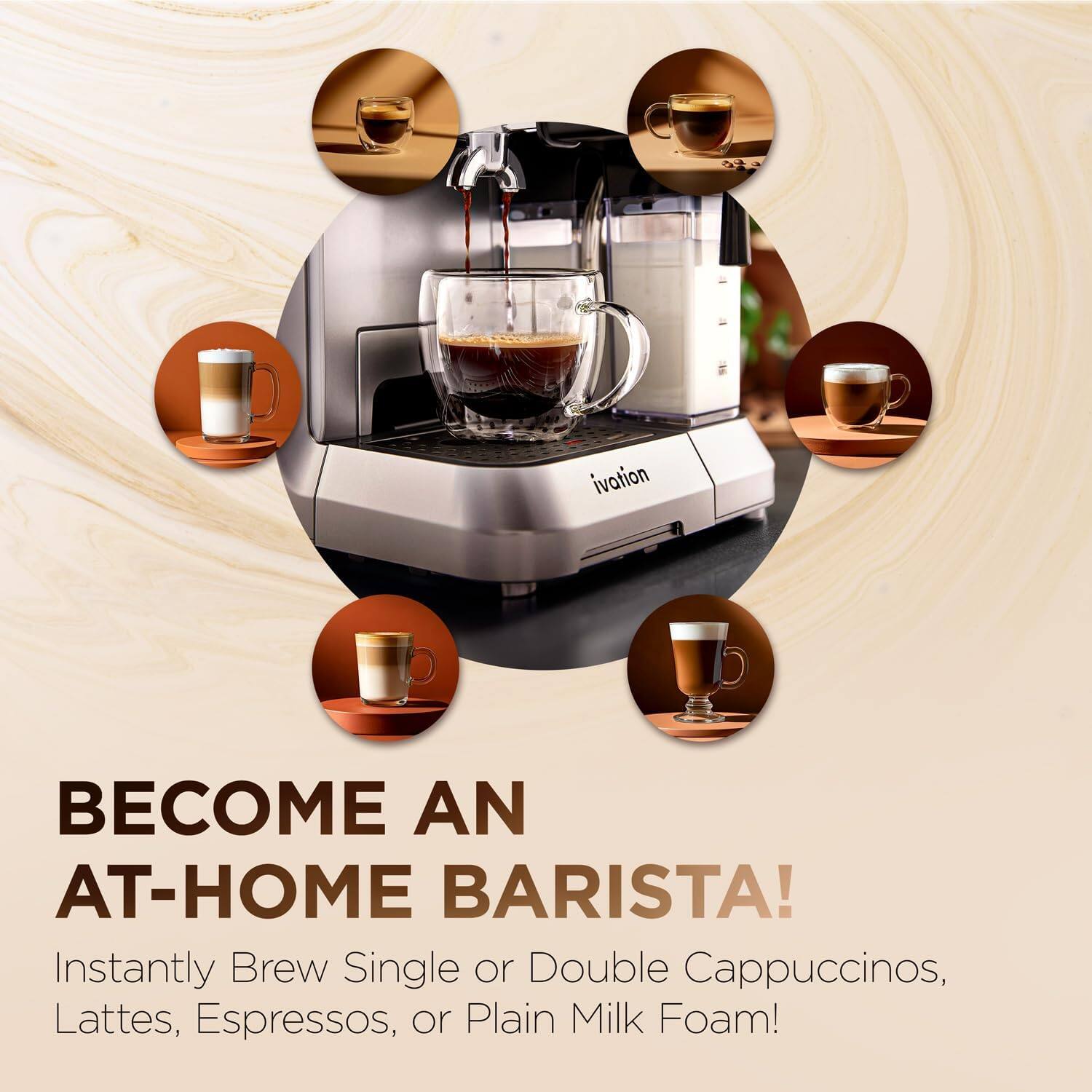 BECOME AN AT-HOME BARISTA! Instantly Brew Single or Double Cappuccinos, Lattes, Espressos, or Plain Milk Foam!