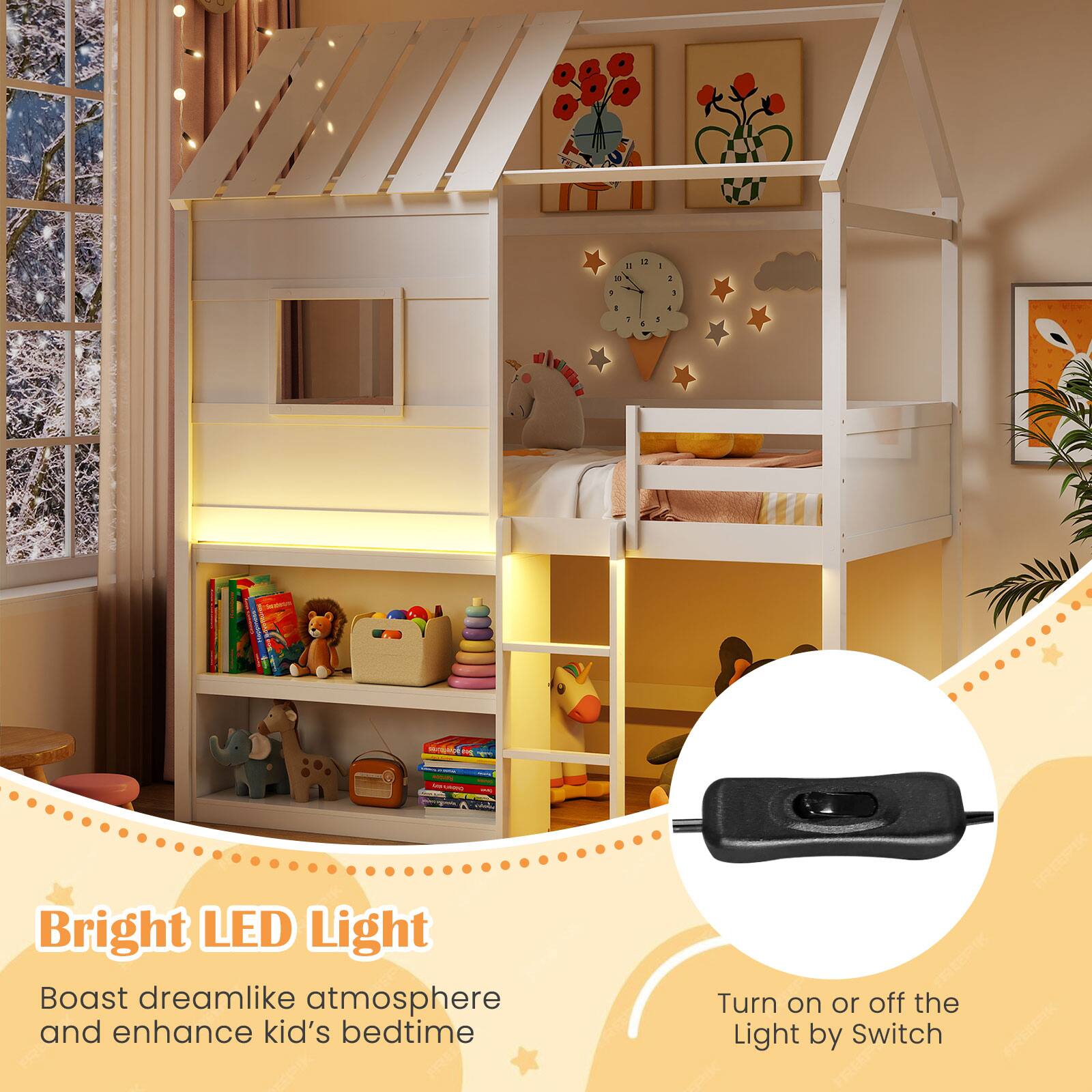 Bright LED Light  
Boast dreamlike atmosphere and enhance kid's bedtime  

Turn on or off the Light by Switch