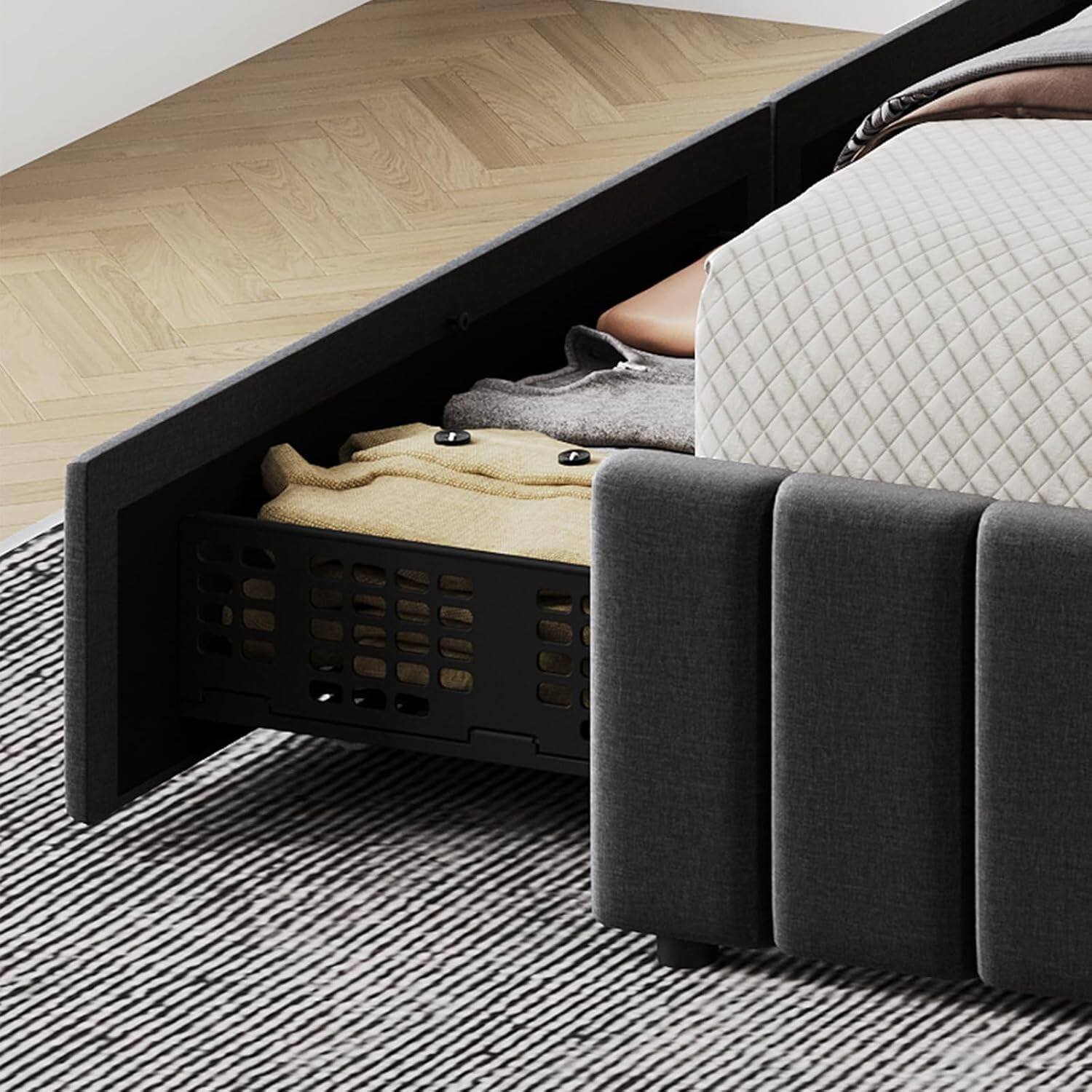 Angle. GARVEE - Queen Upholstered Bed Frame Black 4 Storage Drawers Adjustable Headboard No Box Spring Modern - Black Queen.