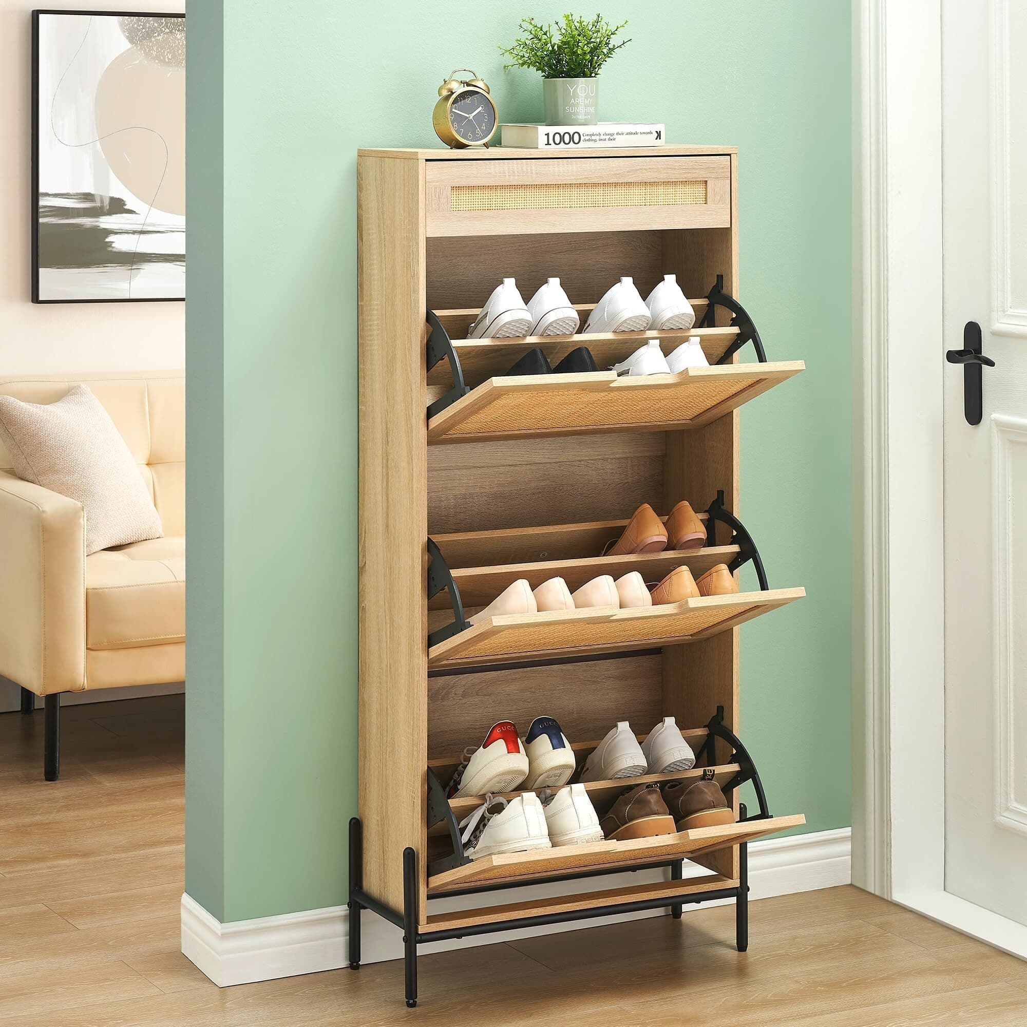 Babevy - Rattan Shoe Cabinet with 3 Flip Drawers and 1 Small Drawer, Shoe Organizer with Adjustable Shelves - Oak