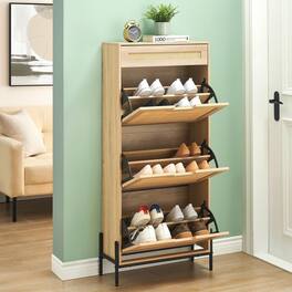 Babevy - Rattan Shoe Cabinet with 3 Flip Drawers and 1 Small Drawer, Shoe Organizer with Adjustable Shelves - Oak