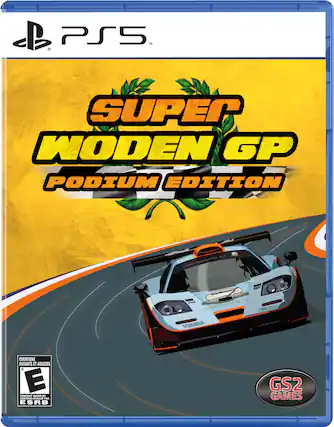 "PS5 Super Woden GP Podium Edition. Creatina Vida. EVERYONE ENFANTS ET ADULTES. CONTEN BATER an CONTEN EVALUrE PAR ESRB GS2 GAMES." - E (Everyone)