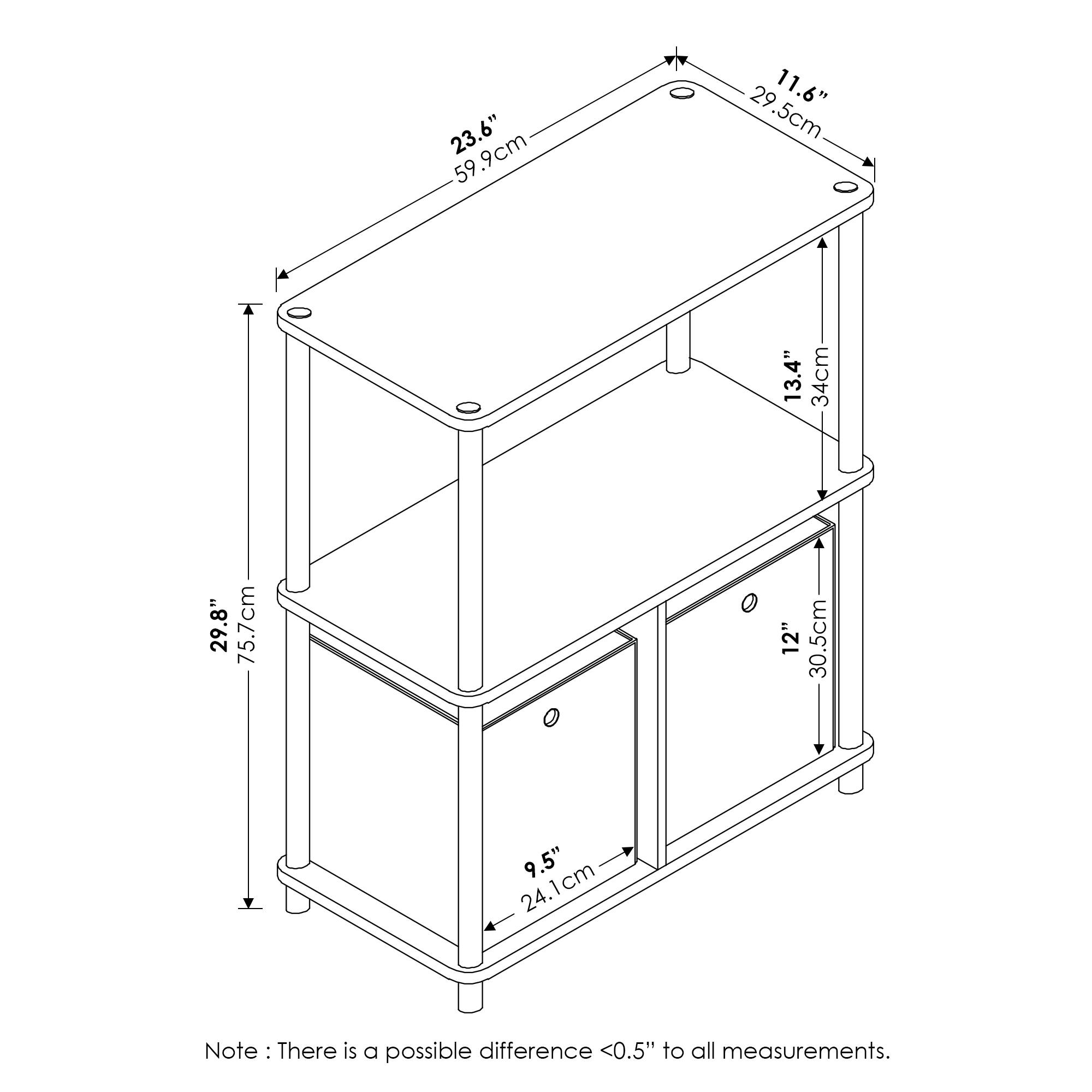 23.6" 59.9cm  
11.6" 29.5cm  
13.4" 34cm  
29.8" 75.7cm  
12" 30.5cm  
9.5" 24.1cm  

Note: There is a possible difference <0.5" to all measurements.