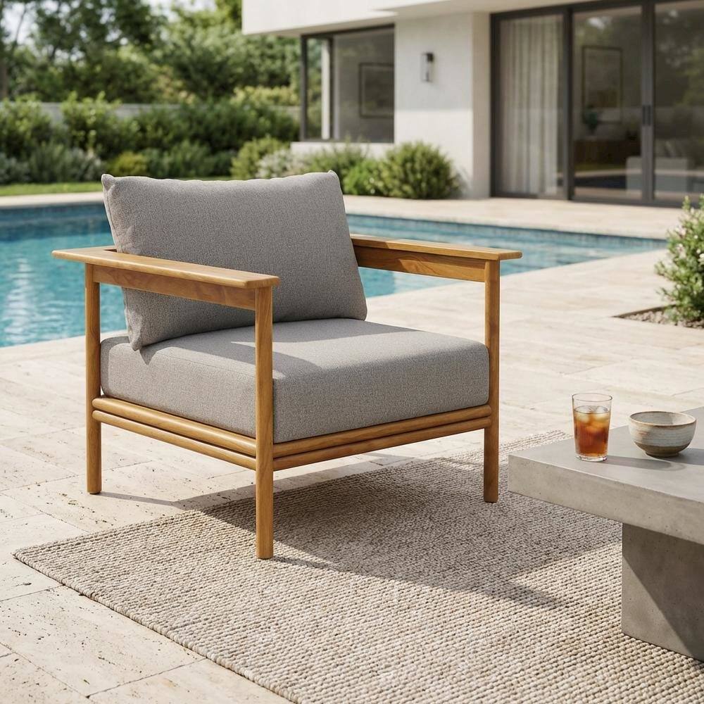 Left. Outdoor Escape - Teak Wood Outdoor Patio Armchair for Garden and Porch Relaxation - Brown.