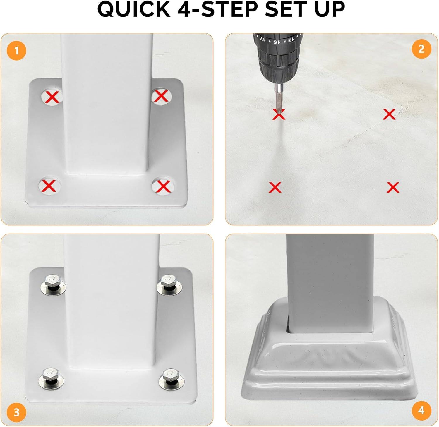 QUICK 4-STEP SET UP

1. Mark the positions with an "X" on the base and the wall.
2. Drill holes at the marked positions.
3. Attach the base to the wall with screws.
4. Secure the pole to the base.