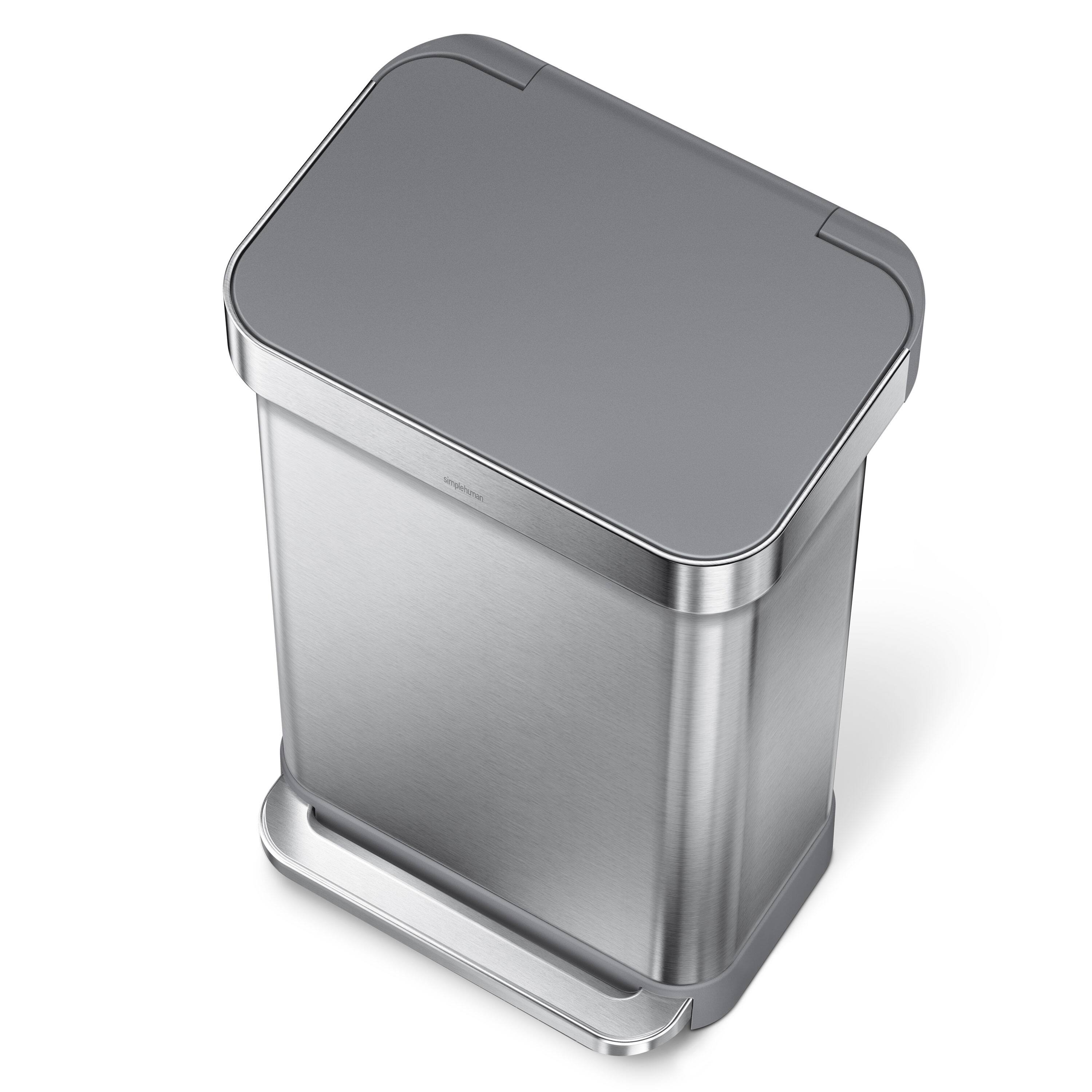 Alt View 1. simplehuman - 45L rectangular step can with liner pocket, brushed stainless steel with grey plastic lid - Brushed.