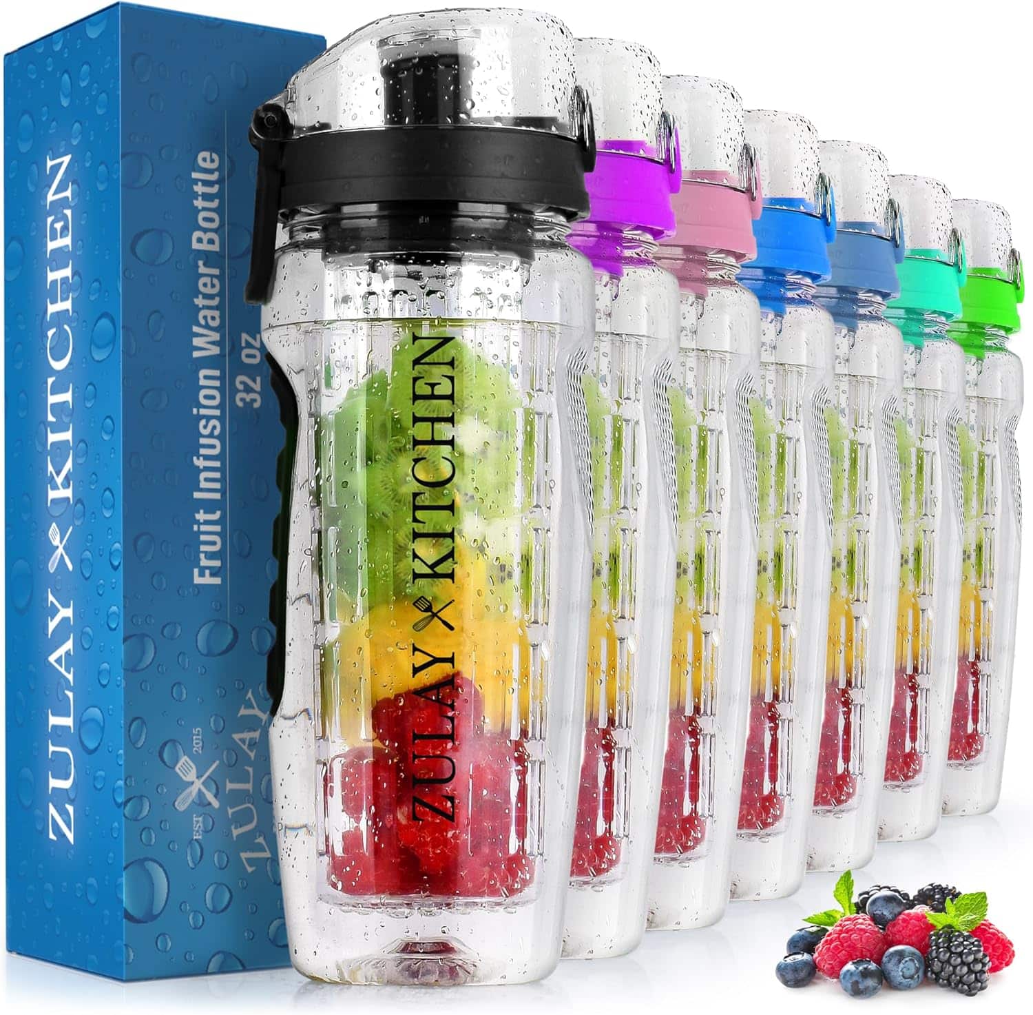 Zulay Kitchen - 34oz Fruit Infuser Water Bottle with Dual Non-slip Grip & Flip Top Cap by Hydration Nation - Black