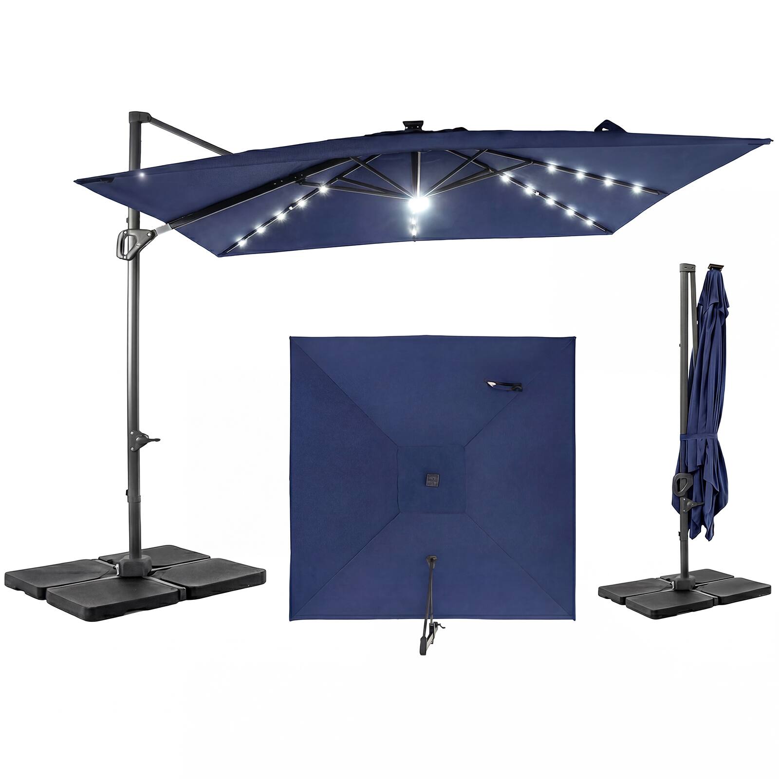 Front. Gymax - Gymax 10 FT Cantilever Outdoor Umbrella w/ 32 Solar LED Lights & 220 LBS Base Navy & Black - Blue.