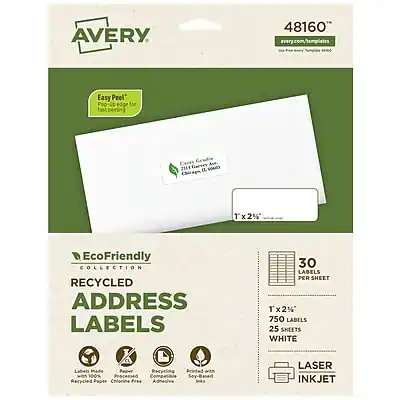 AVERY
48160
avery.com/templates
Easy Peel™
Pop edge for fast peeling
EcoFriendly COLLECTION
RECYCLED
ADDRESS LABELS
30 LABELS PER SHEET
750 LABELS
25 SHEETS
WHITE
Labels Made from 100% Processed Recycled Paper
Compatible with Laser and Inkjet Printers
Chlorine Free Adhesive
Printed with Soy-Based Ink
LASER INKJET