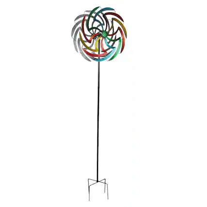 Front. Direct International - Colorful Anodized Finish Dual Flower Metal Wind Spinner Garden Stake 70 Inches High - Multicolored.