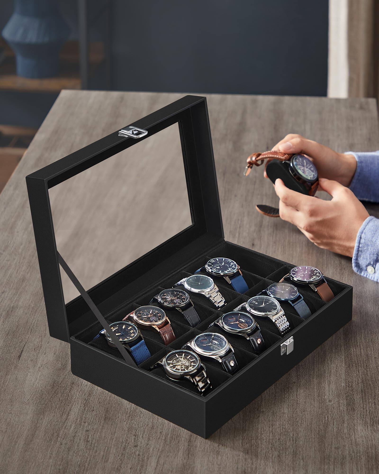 Alt View 2. Songmics Home - 12-Slot Watch Box with Large Glass Lid  Black Synthetic Leather with Wine Red Lining - Black.