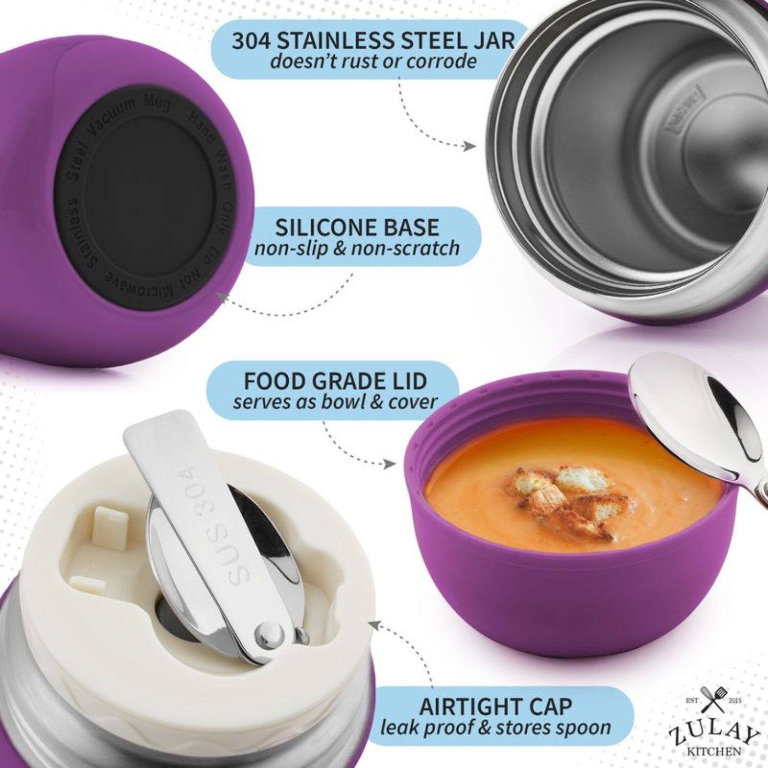 304 STAINLESS STEEL JAR doesn't rust or corrode, Mug Vacuum Hand Steel, SILICONE BASE non-slip & non-scratch, FOOD GRADE LID serves as bowl & cover, AIRTIGHT CAP leak proof & stores spoon, ZULAY KITCHEN