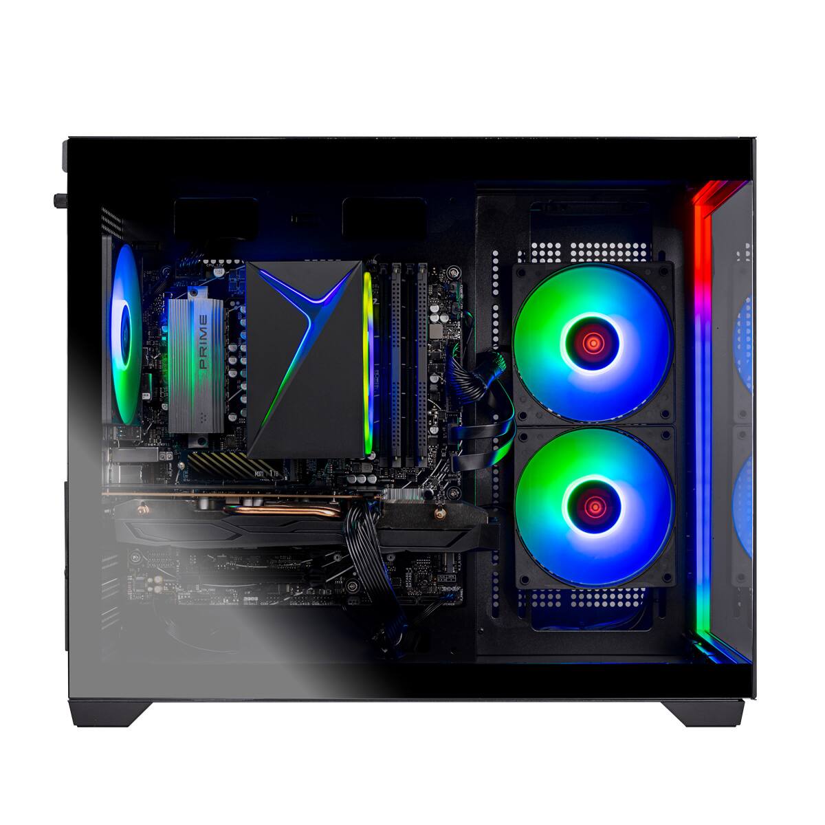 PRIME : A computer case with a black and blue color scheme, featuring a clear side panel, a window on the front, and a rainbow light on the side. The case is filled with computer components, including a motherboard, a CPU, a hard drive, and two fans. The fans are positioned on the side and front of the case, providing cooling for the internal components. The case is designed to showcase the internal components and provide efficient cooling for the system.