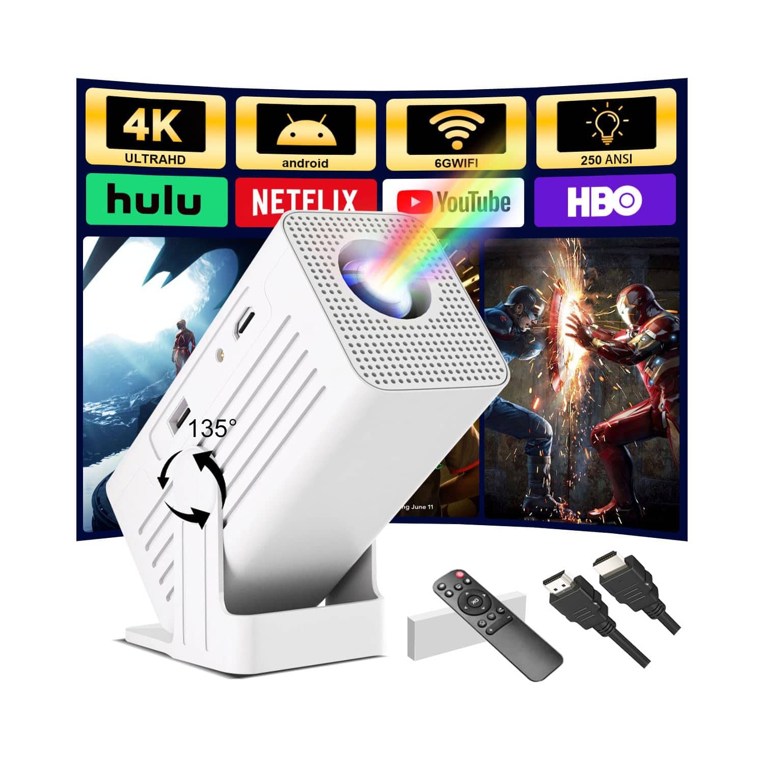 The Best Inks - 【built-in App】 Mini Projector Smart 4k With Wifi And 1080p Support Auto Keystone Correction,90° Rotating - N6-white