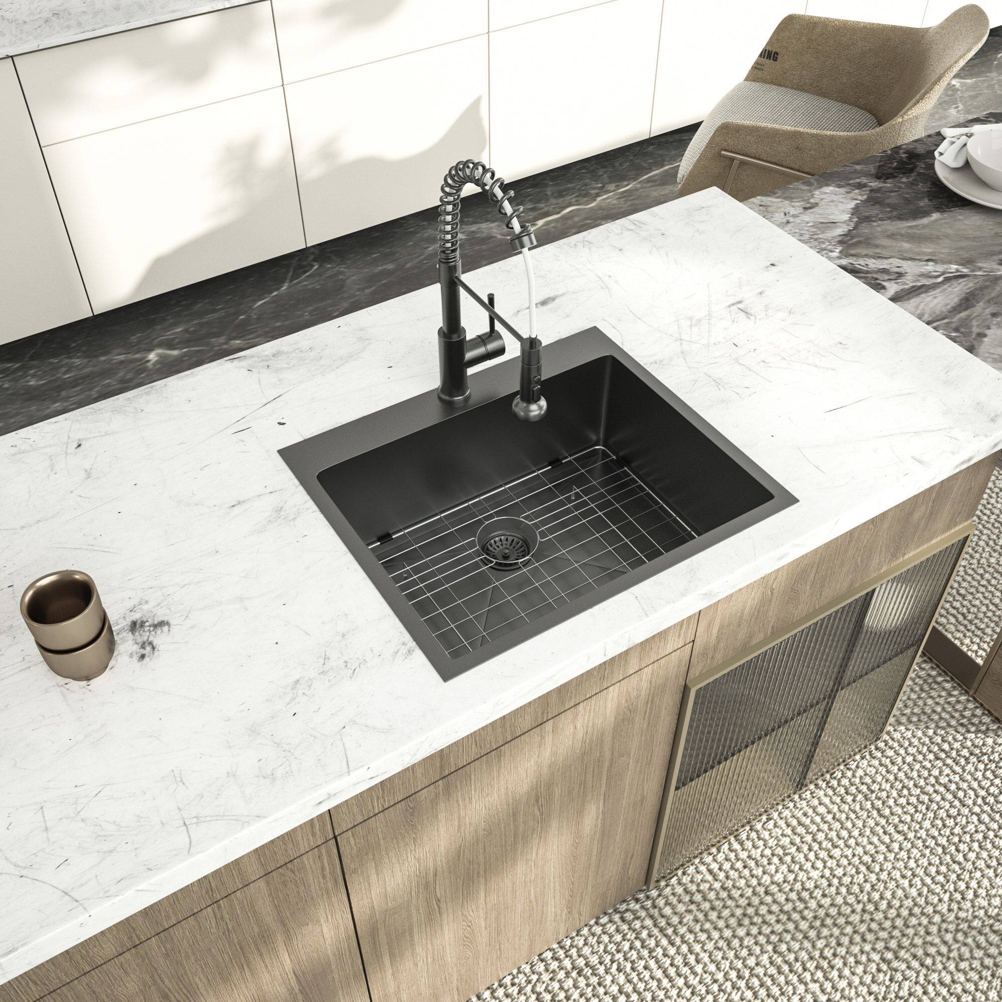 Angle. Lordear - 25"x22"x10" Topmount Gunmetal Black Sinks 16 Gauge Single Bowl Stainless Steel Kitchen Sink - Stainless steel.