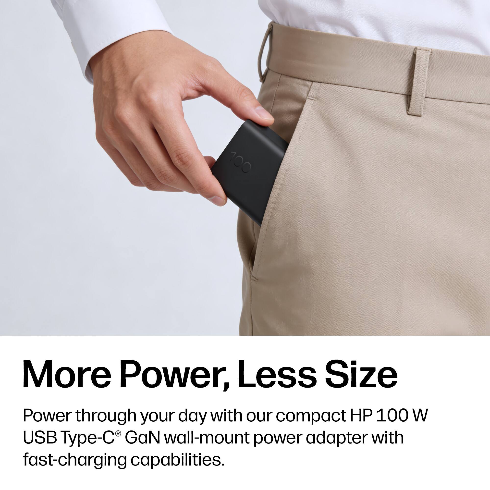 More Power, Less Size

Power through your day with our compact HP 100 W USB Type-C® GaN wall-mount power adapter with fast-charging capabilities.