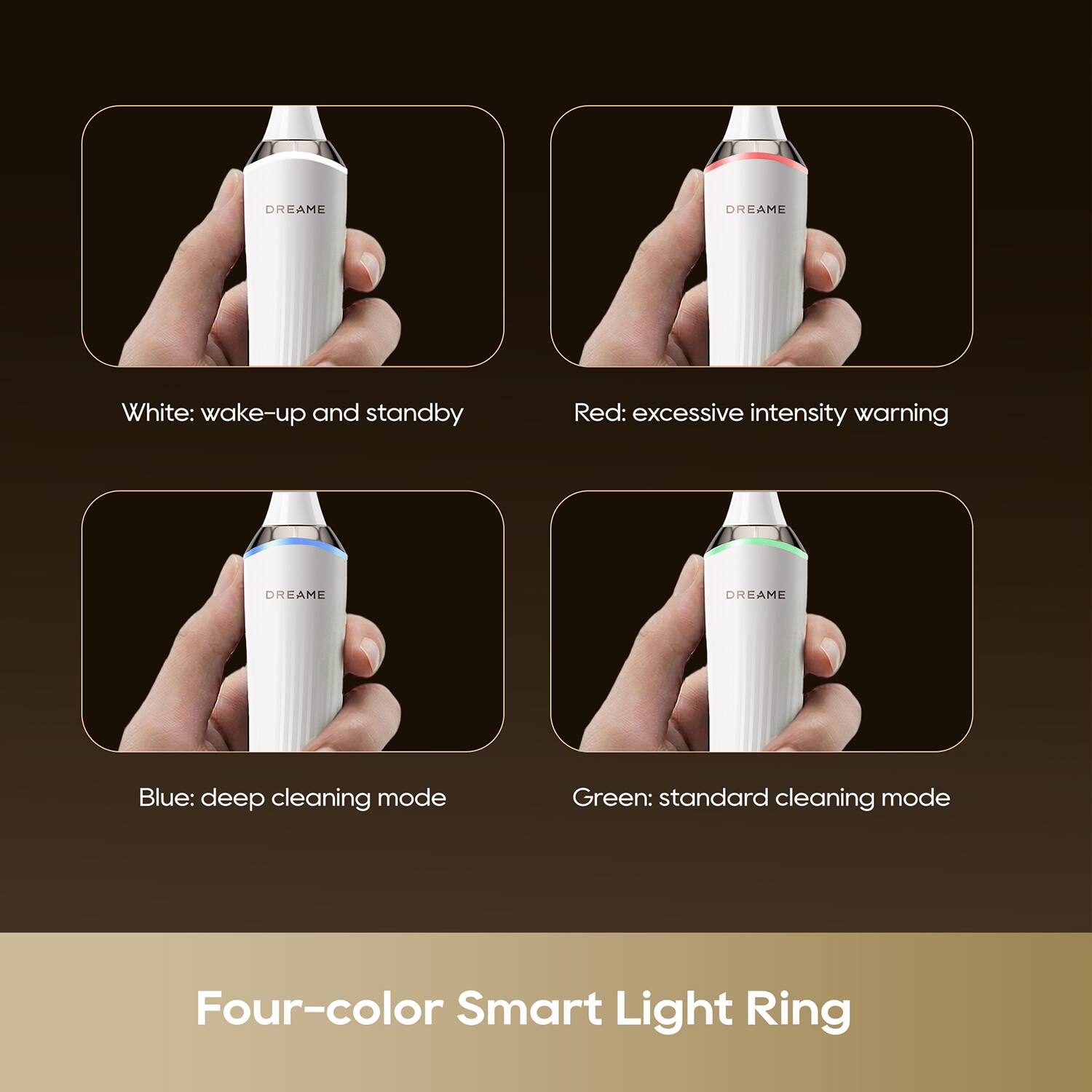 DREAME

White: wake-up and standby

Red: excessive intensity warning

Blue: deep cleaning mode

Green: standard cleaning mode

Four-color Smart Light Ring